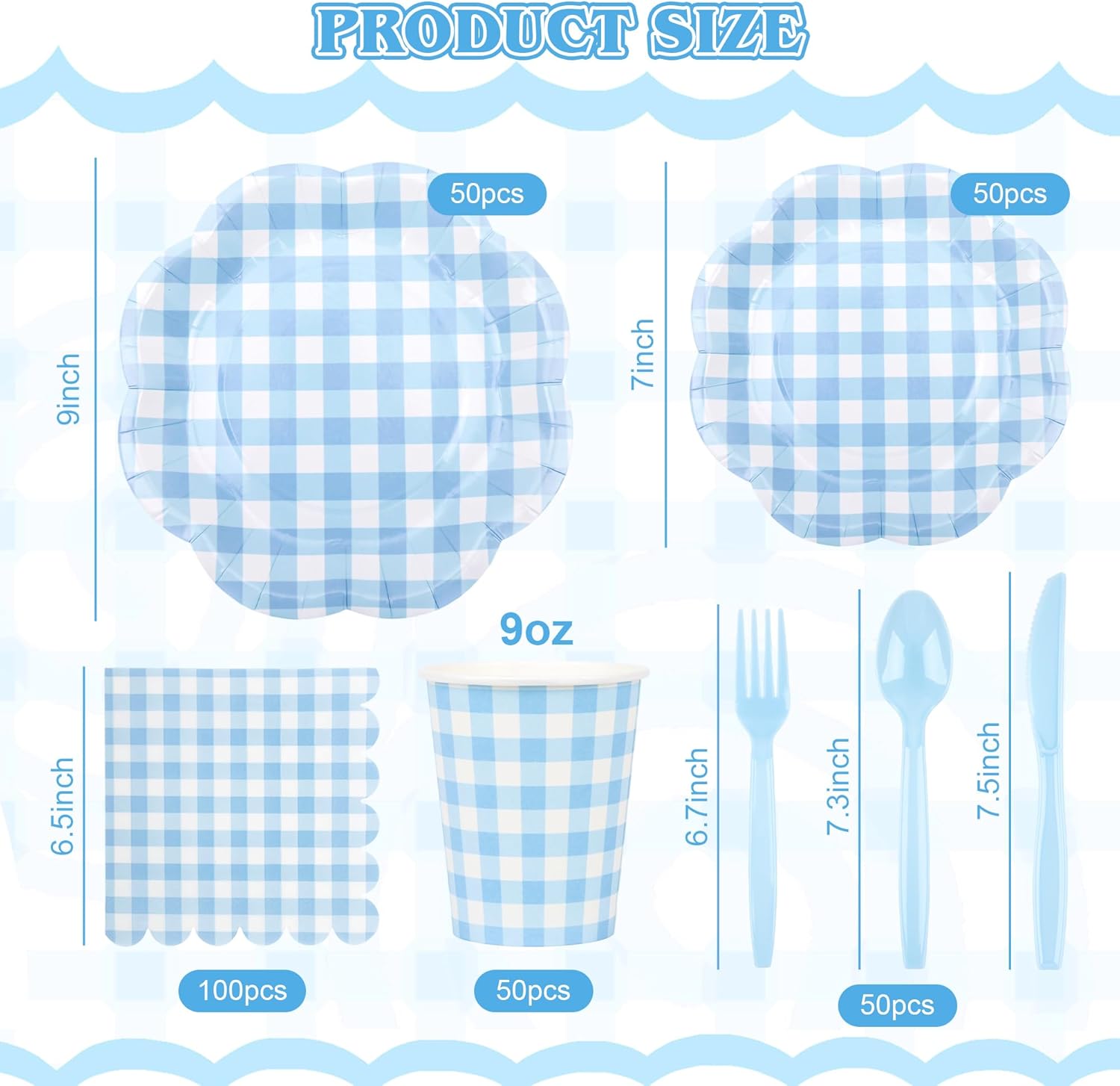 400 Pcs Gingham Party Supplies for 50 Guests Blue and White Scalloped Paper Plates and Napkins Knives Spoons Forks Cups Disposable Checkered Dinner Party Set for BBQ Baby Shower Wedding
