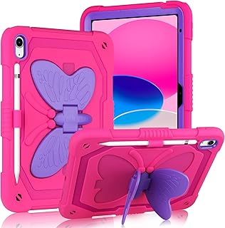 for iPad 10th Generation Case 2022 10.9 Inch with Butterfly Wings Kickstand Pencil Holder, iPad 10.9 Case Kids Girls Heavy Duty Hard Rugged Protective Cover for iPad 10th Gen 10.9'' (2022)-Rose Red