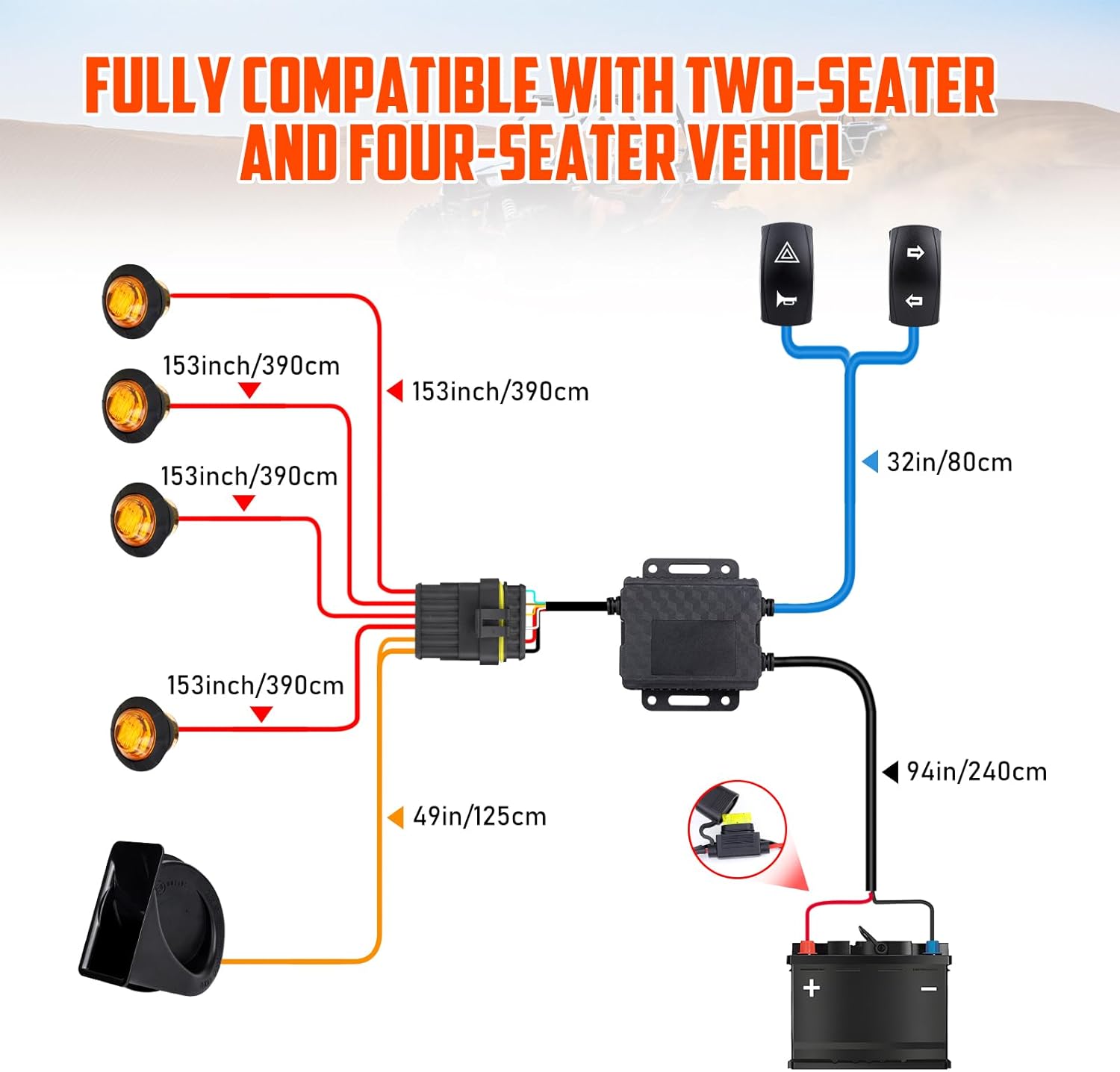ATV Turn Signal Kit with Horn,Plug and Play UTV Universal Street Legal Turn Signal Blinker Kit,UTV Accessories Compatible with Polaris Ranger RZR, Can-Am, Kawasaki, Arctic Cat,Pioneer