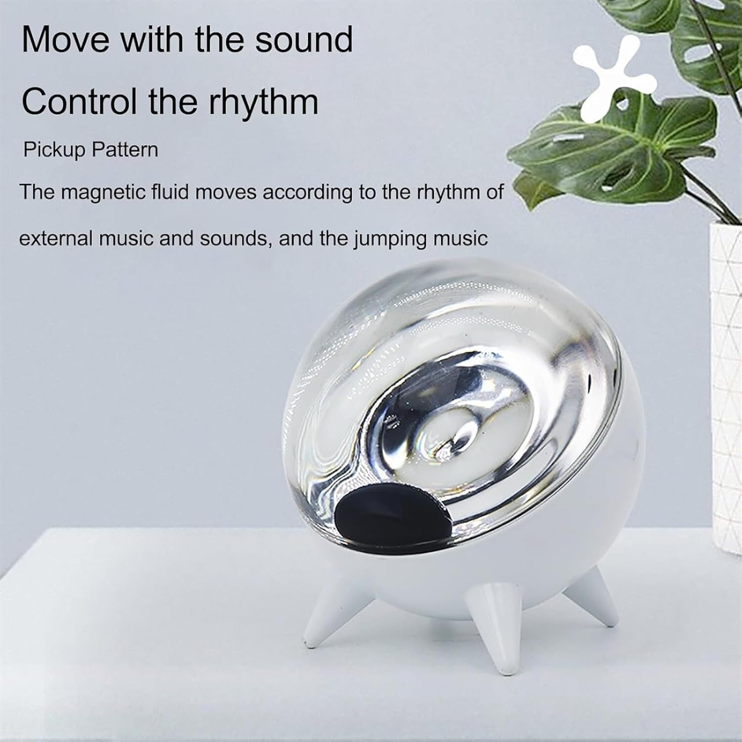 Magnetic Liquid Music Rhythm Light reacting to sound, with text 'Move with the sound Control the rhythm Pickup Pattern'.