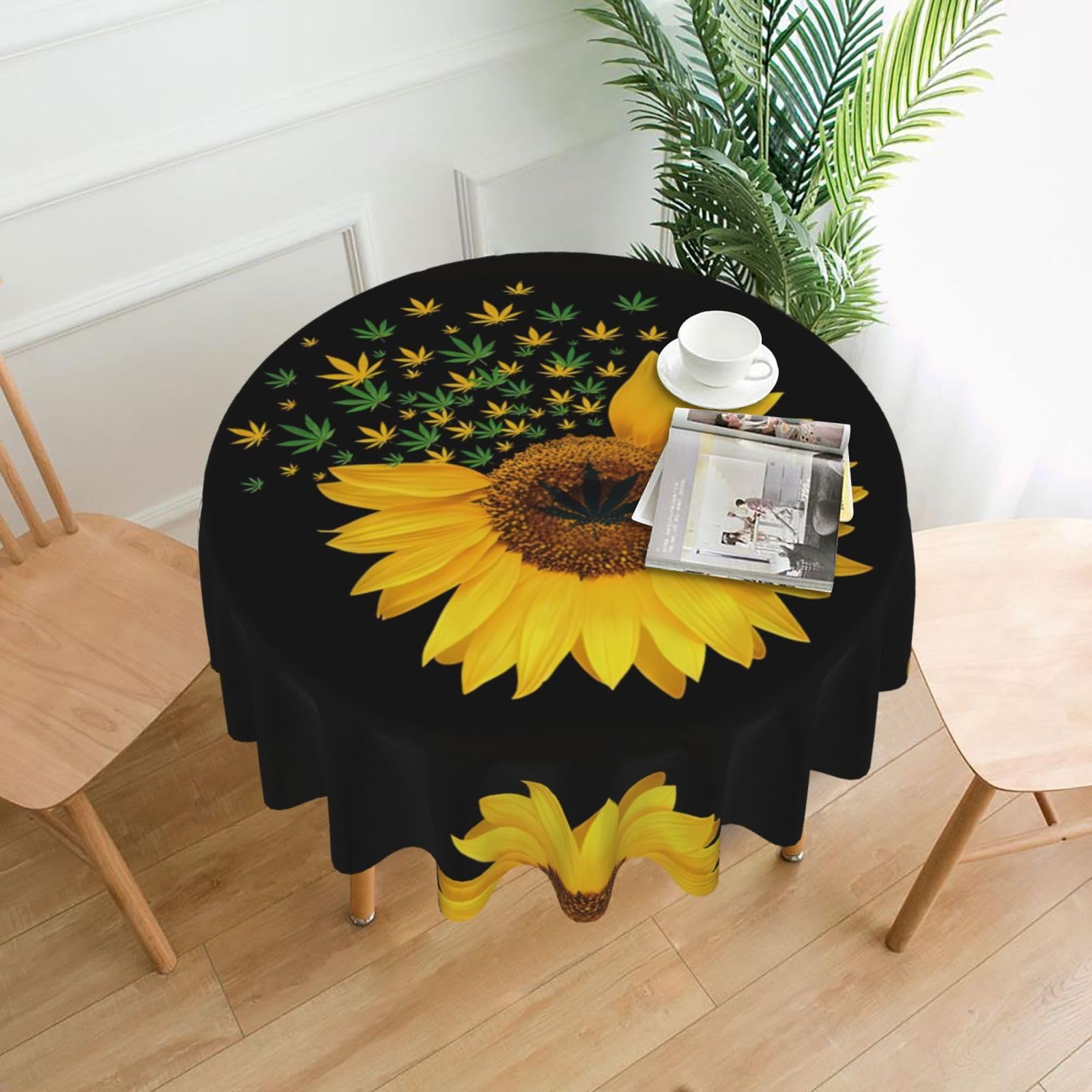 hhxvcv Weed With Sunflower Round Tablecloth – Dining Table Cover