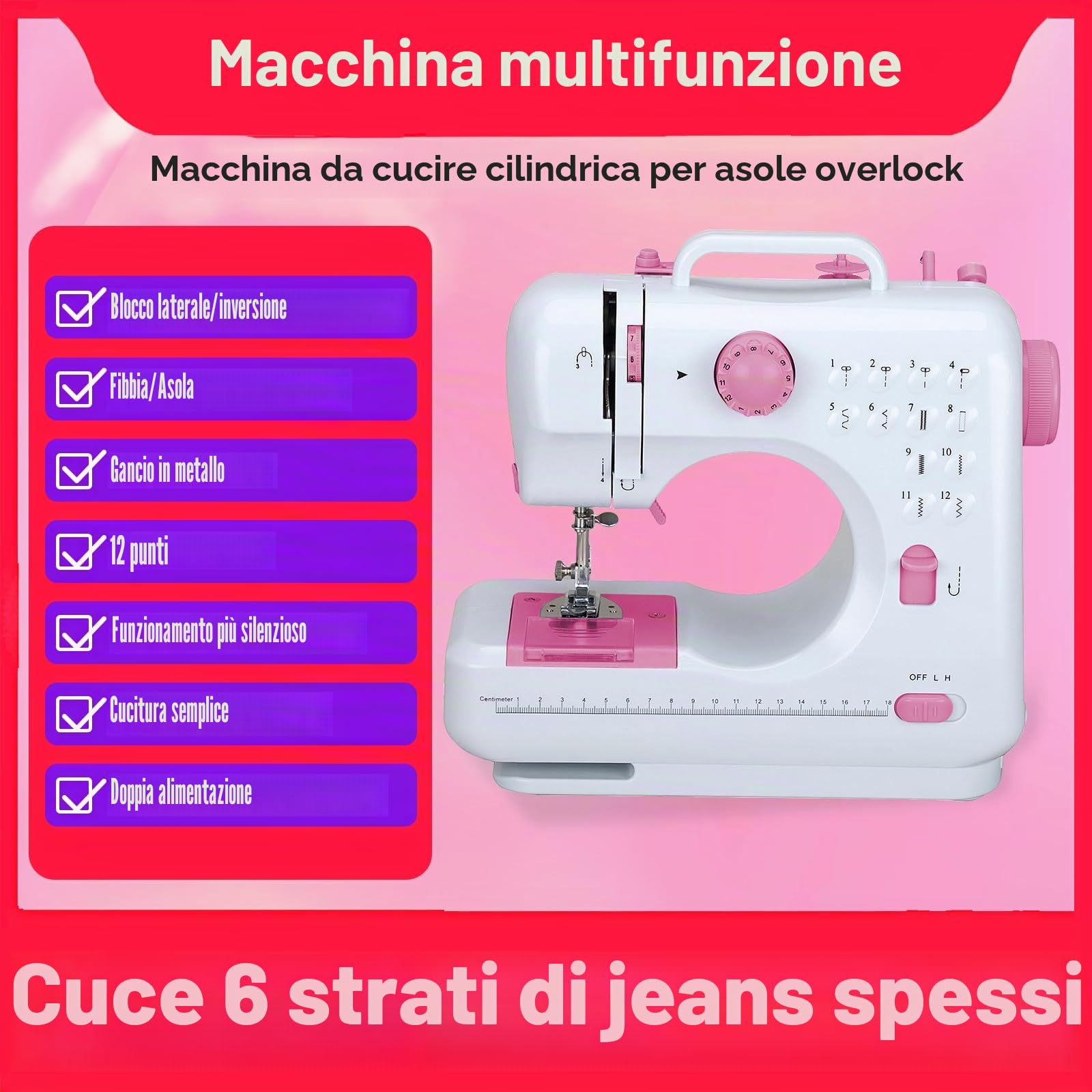 ZPSHYD Macchina da cucire multifunzione a 12 punti, doppia linea, domestica, overlock a due velocità, per bambini e principianti, rosa