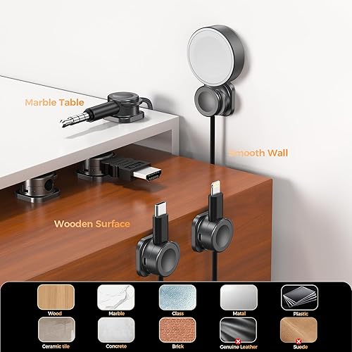 Miniatura 3 de Paquete de 8 clips magnéticos para cables, organizador de cables resistente con 10 almohadillas adhesivas, organizador de cables sin residuos,