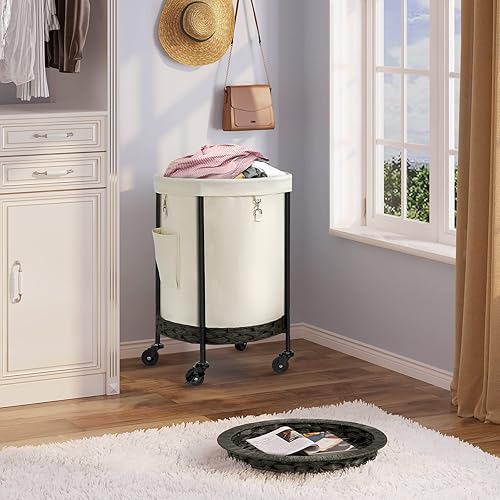 Miniatura 2 de Greenstell Cesta de lavandería con tapa, cesta grande de 33.5 galones con ruedas, carrito de lavandería redondo con marco de acero y bolsa