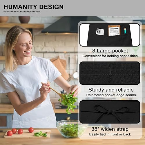 Miniatura 2 de PLOYMONO Delantal de servidor con 3 bolsillos, paquete de 12 delantales de cintura corta para camarera, servidores de restaurantes, camareros,