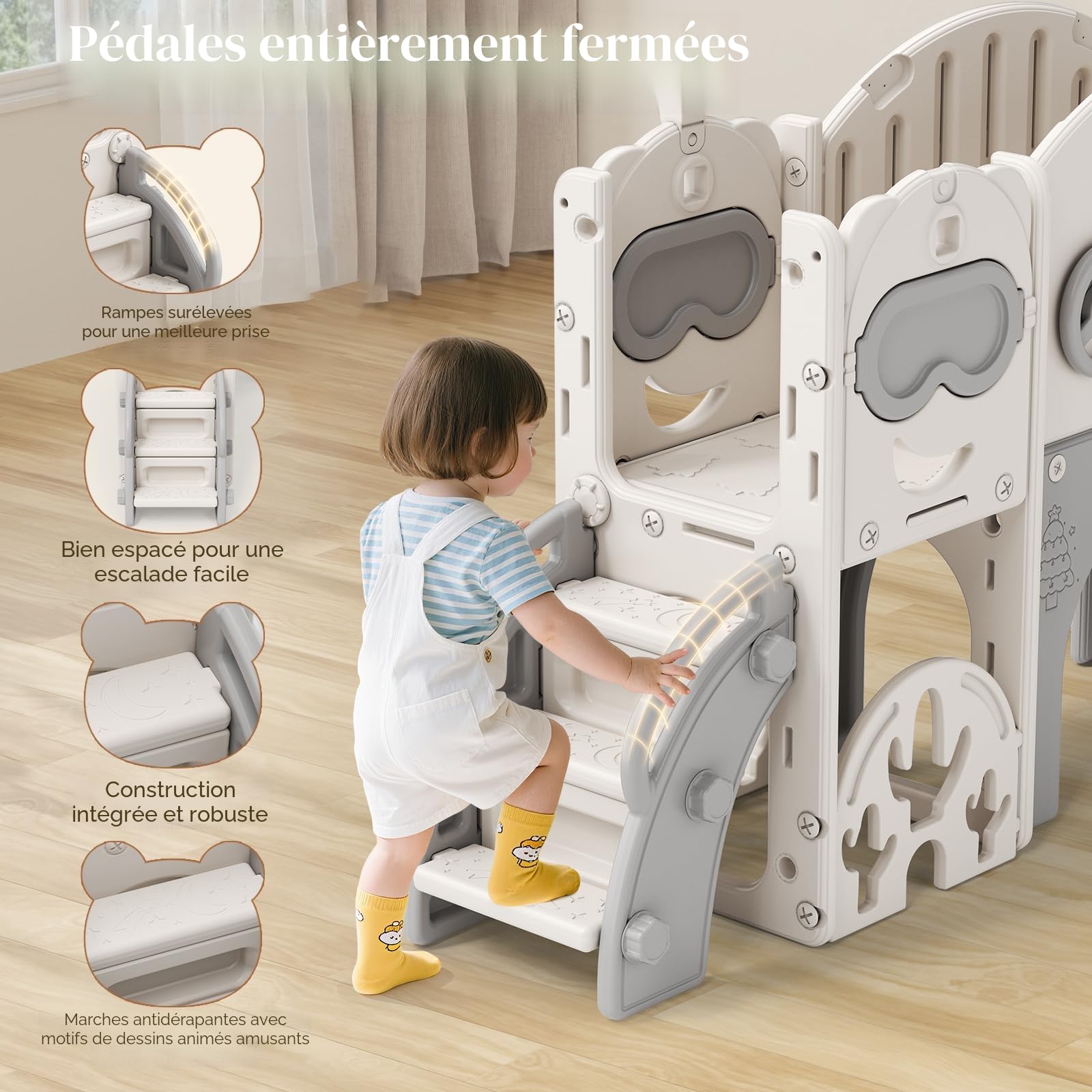 Toboggan 11 en 1 pour tout-petits, toboggan d'intérieur et d'extérieur avec panier de basket, golf, jumelles et espace de rangement, échafaudage sport autoportant pour enfants de 1 à 6 ans (toboggy