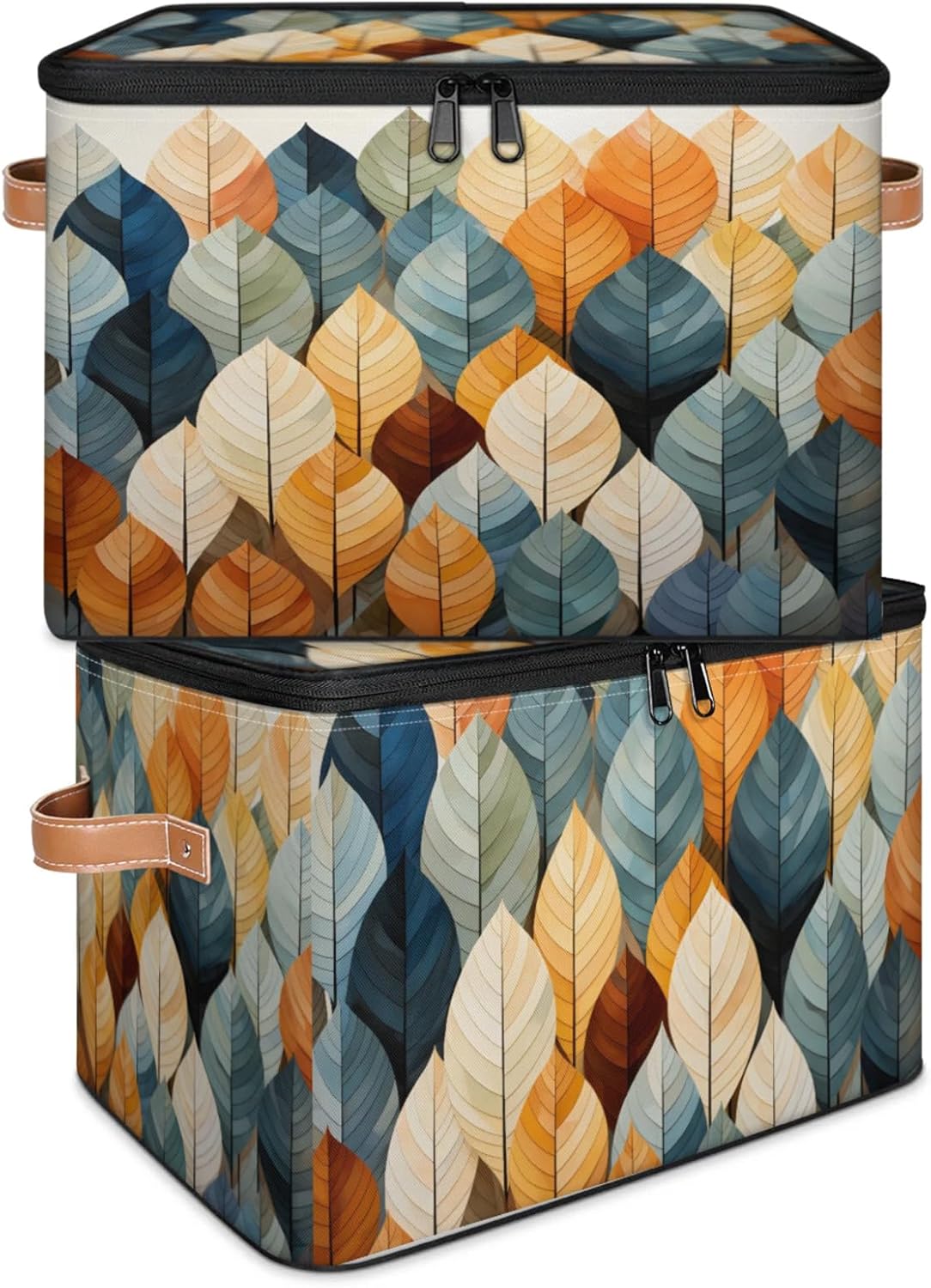 Storage Bin Set of 2 Modern Art Leaves Storage Basket with Zipper Lid & Handle Foldable Closet Shelf 2 Pack Cloth Organizer Basket Cube Bins Clothes Organizer for Nursery, Bedroom