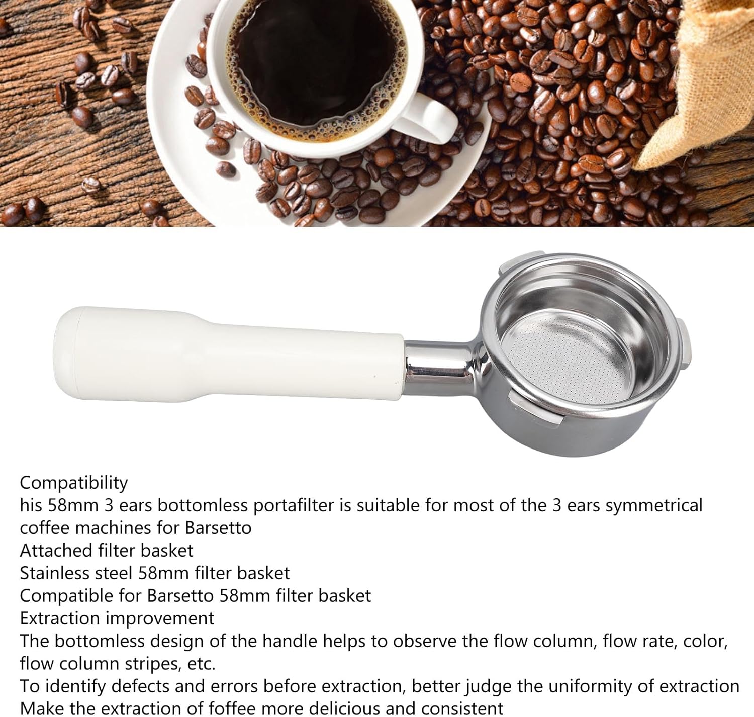 58mm Coffee Portafilter, Professional 3 Ears Bottomless Portafilter Coffee Bottomless Portafilter 58mm Filter Basket Replacement for Barsetto 3 Ears Symmetrical Coffee Machines