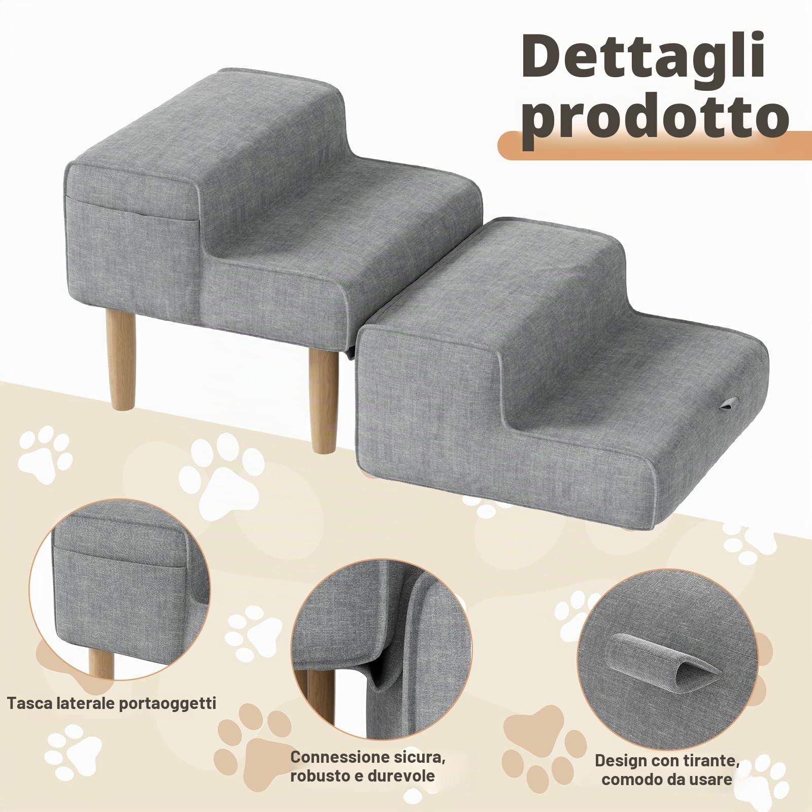 Scaletta per Cani, 2-in-1 Scaletta per Cani Letto Pieghevole, Altezza 4 Gradini, Scala Cane Piccoli e Gatti per Salire su Letto e Divano, Antiscivolo Rampa per Canis, 35/45cm, Grigio
