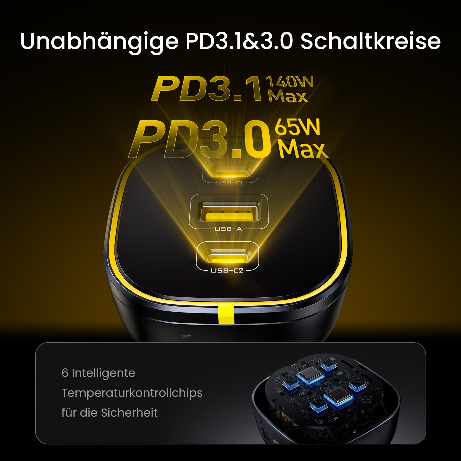AOHI 165W Laptop Auto Ladegerät 140W PD 3.1/ 100W PD 3.0 USB C Superschnellladegerät PPS 45W 3-Ports QC5.0 Zigarettenanzünder-Ladegerät für MacBook Pro, iPhone 17/16, Galaxy S25 Ultra, iPad, Schwarz