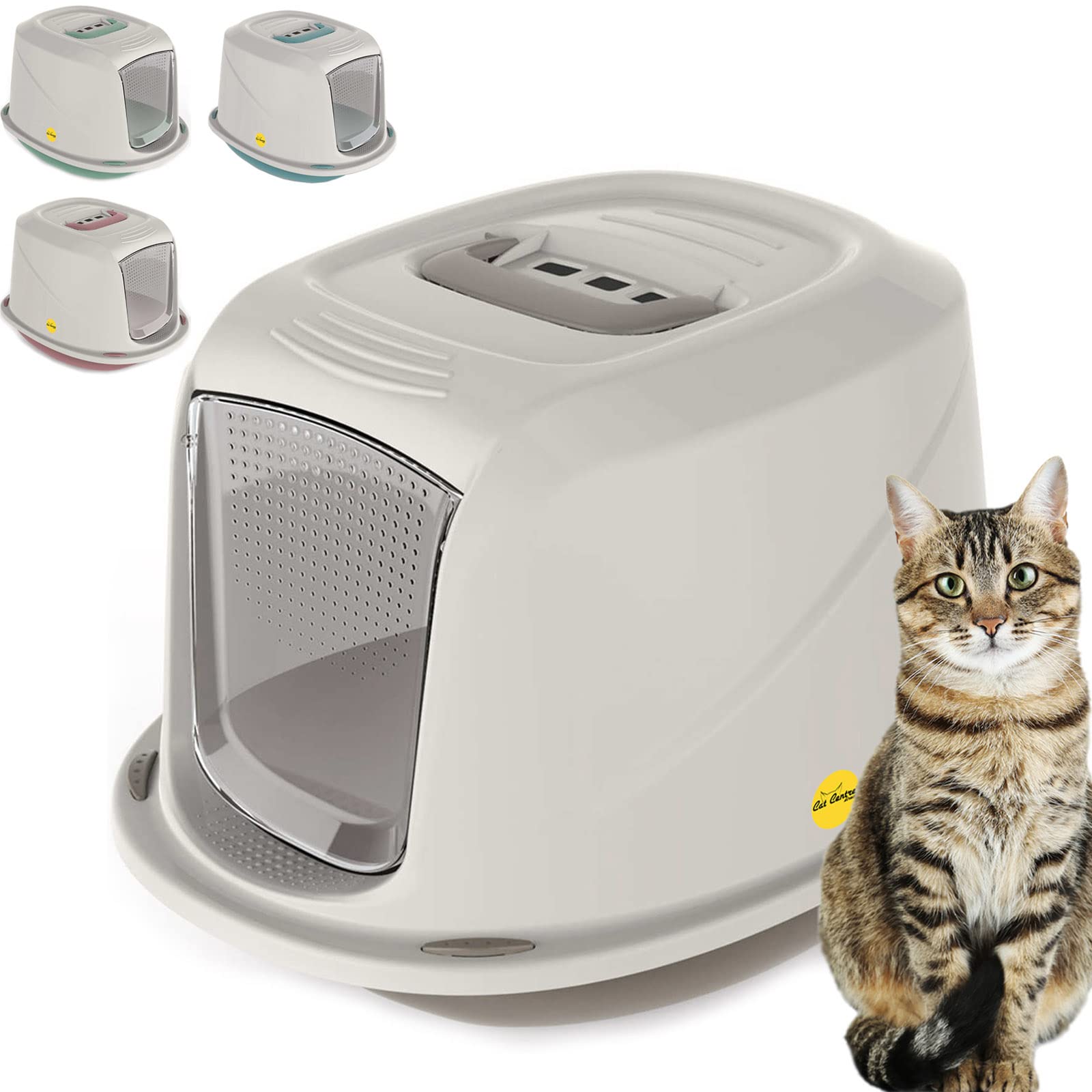 Jumbo Grey Cat Hooded Litter Tray High Sided Rim Extra Spacious Long Wide Adult Big Cats XL Toilet Enclosed Box Pan Loo Charcoal Filter Flap Door Lidded Detachable Hood Easy Cleaning