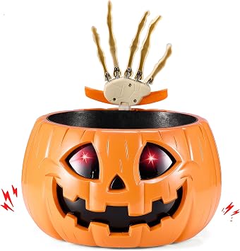 Anlass Halloween Candy Bowl Animated Pumpkin Candy Holder with Moving Skeleton Hand Creepy Sound and Red Eyes for Halloween Decorations Indoors and Trick or Treats