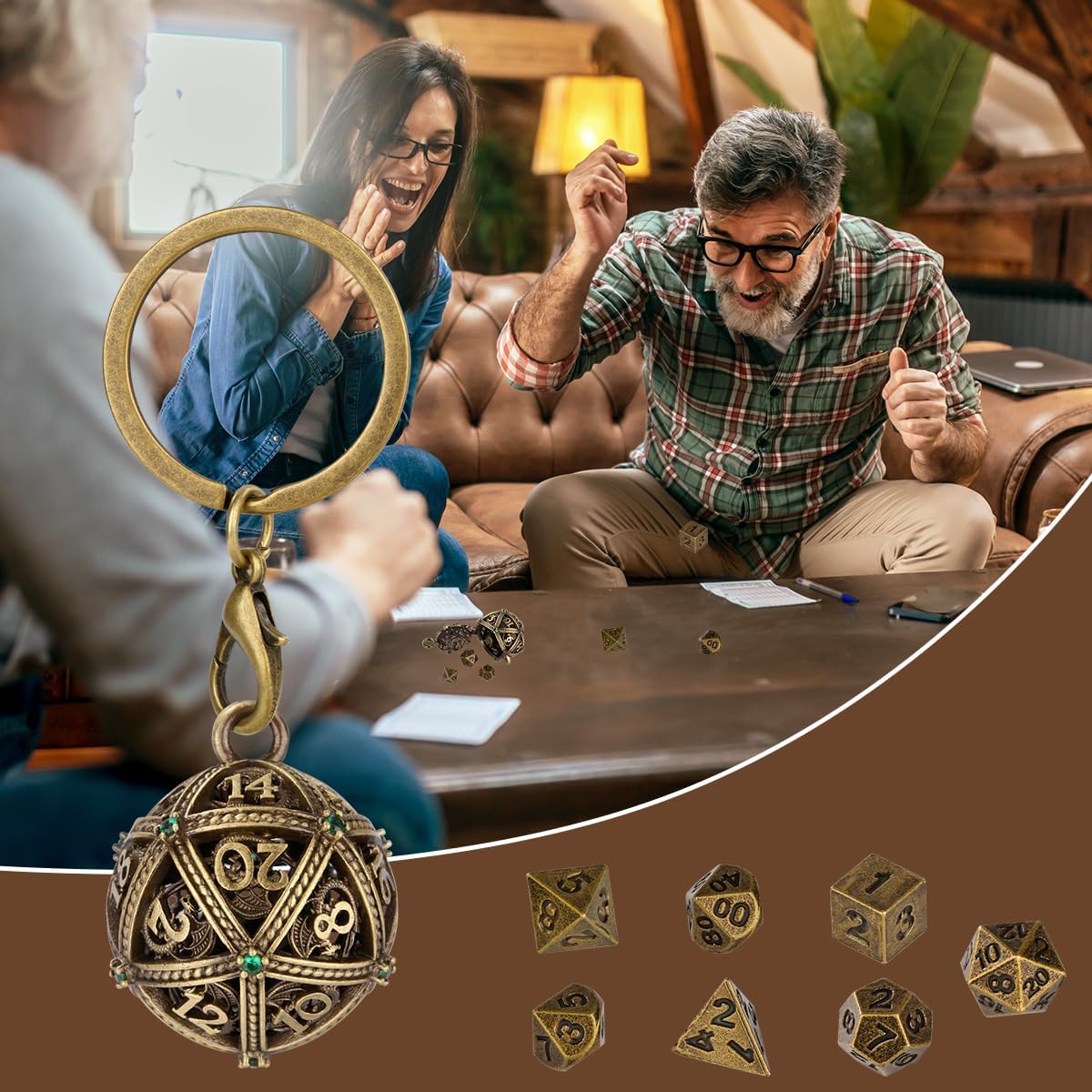 Mini DND Dice Set with Spherical Hollow D20 Metal Case Portable Keychain Necklace, Tiny 7pcs Polyhedral D&D Dice Set, DND Gifts with Gift Box, D&D Accessories for RPG（Green Diamond, Bronze）