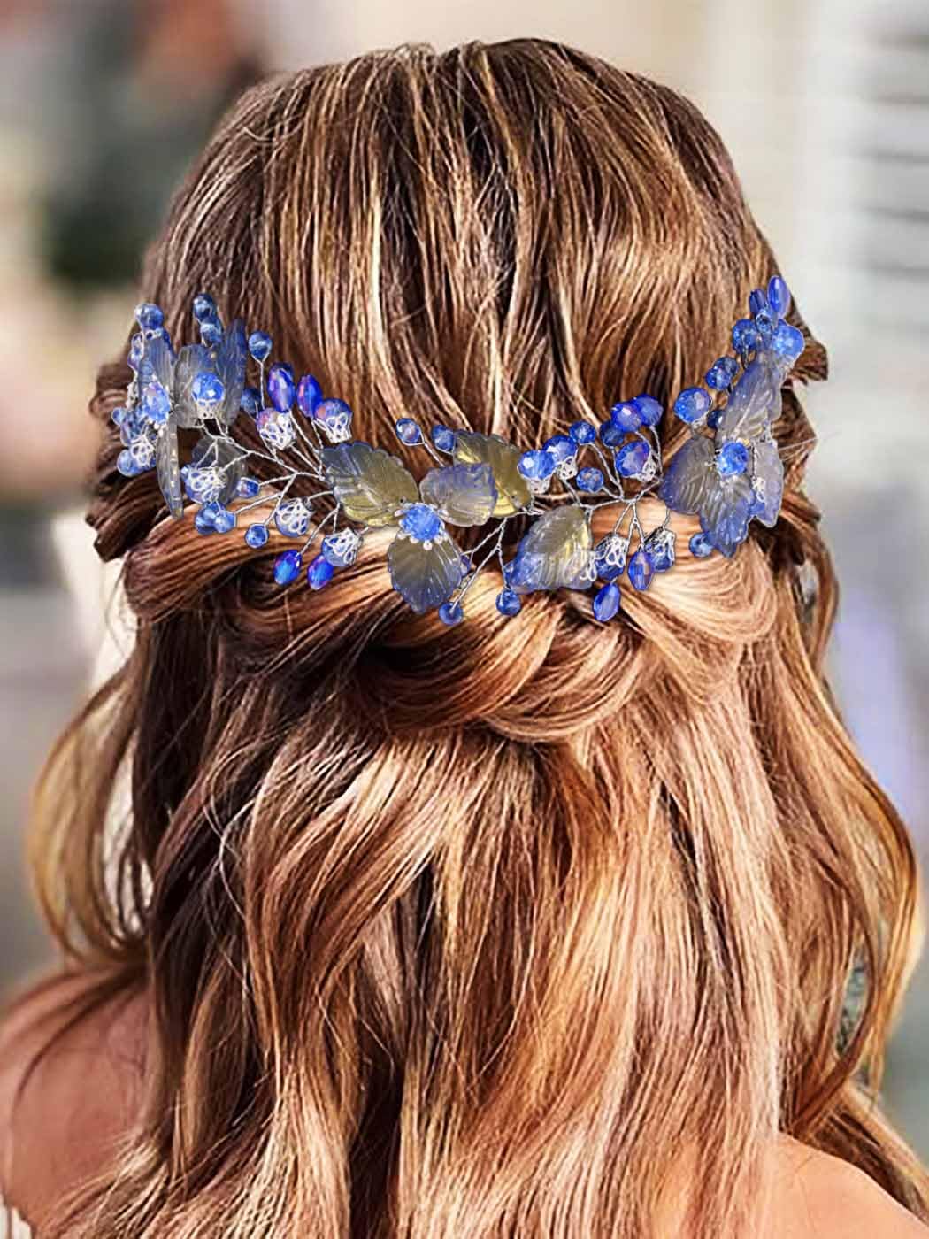 IYOU Bridal Wedding Hair Vine Blue Leaf Headband Crystals Guest Bride Bridesmaid Hair Accessories for Women
