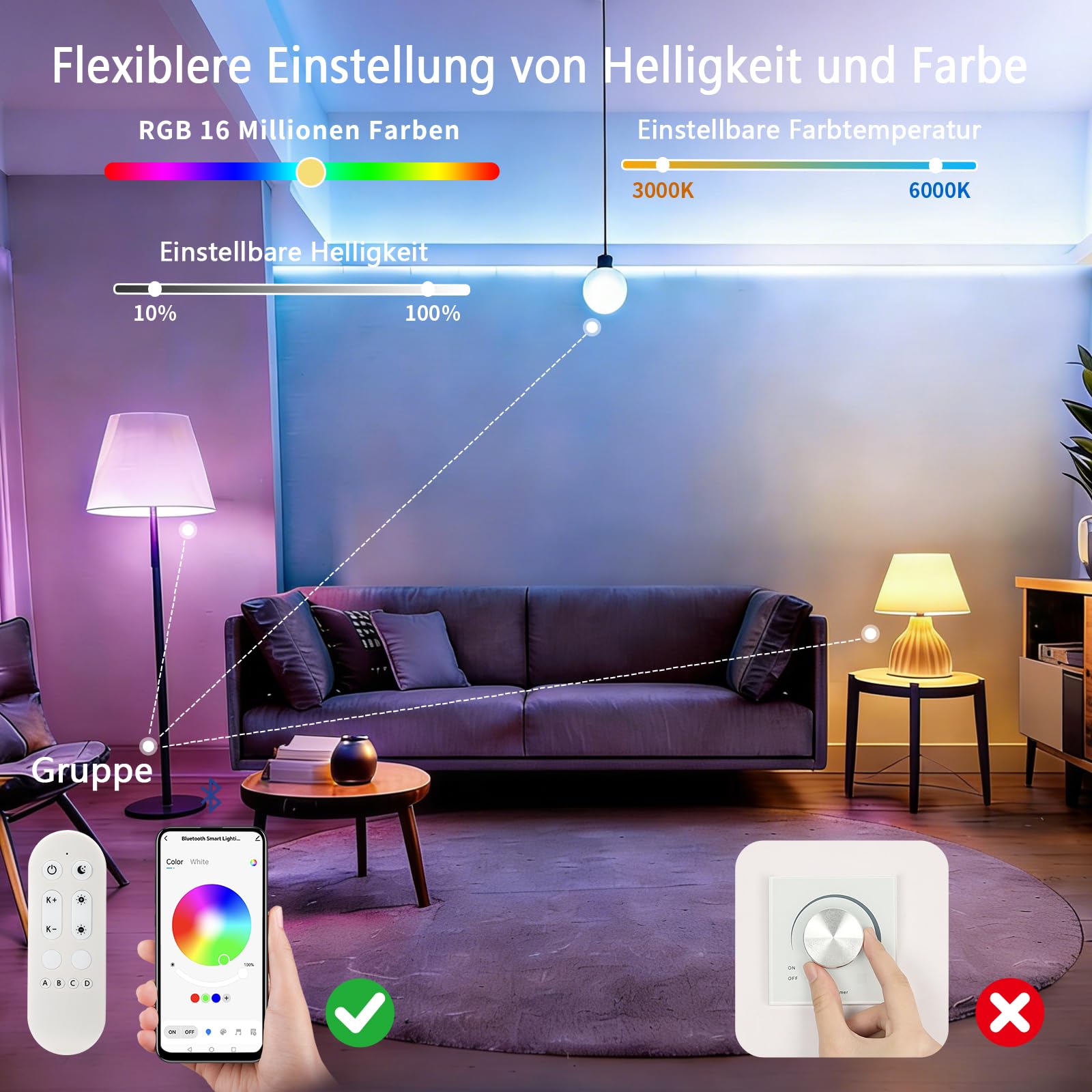 I-SHUNFA E27 RGB LED intelligente Bluetooth Lampen 7W 750LM, AC 230V | Helligkeit & Farbtemperatur einstellbar, 16 Millionen DIY-Farben, mehrfarbige Beleuchtung dimmbar (3 Pack With Fernbedienung)