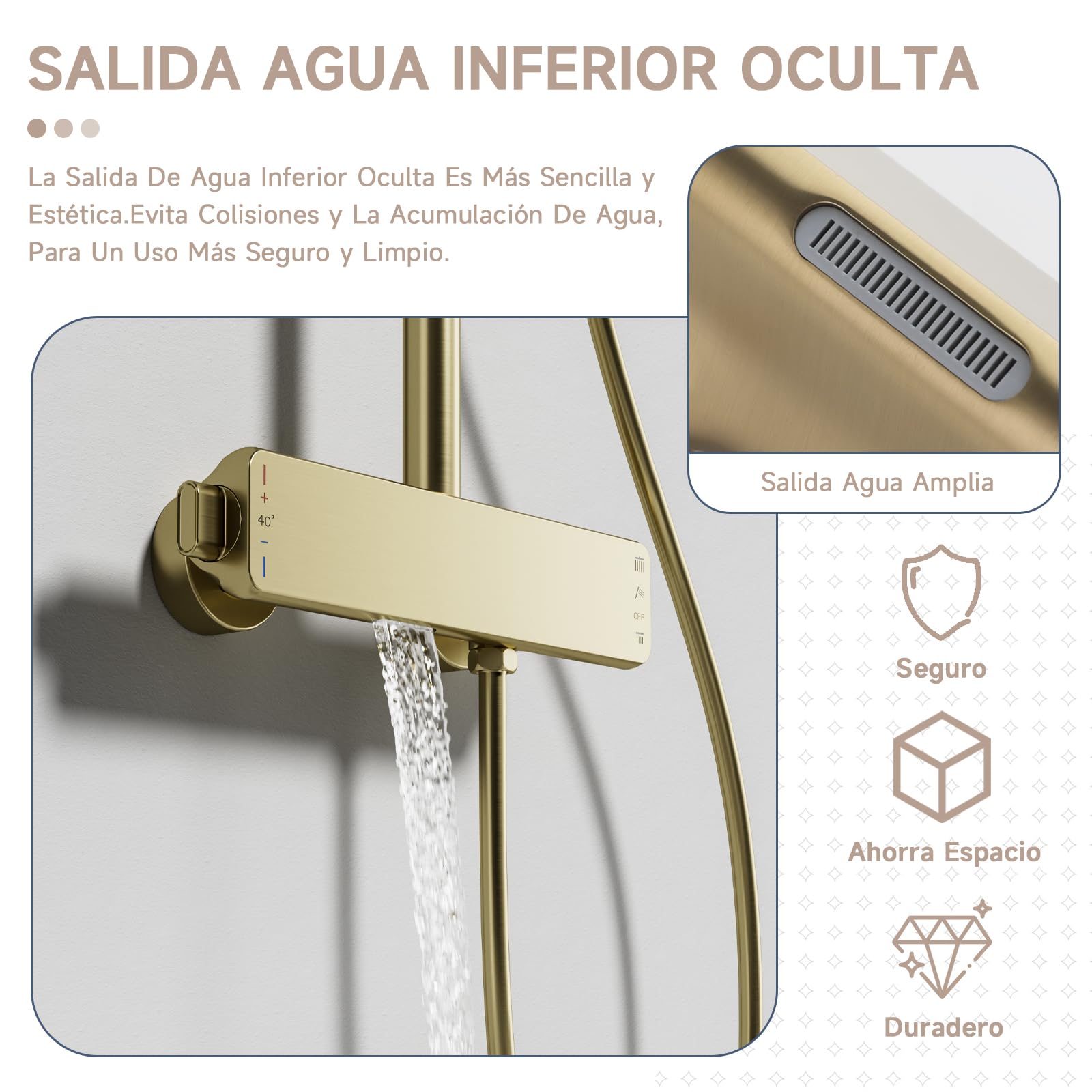 Columna ducha,Sistema de ducha retro de oro cepillado,Columna de ducha termostática,3 funciones Juego de ducha de pared,Con 260mm rociador redondo,Grifo de bañera,Ducha de mano de 3 modos