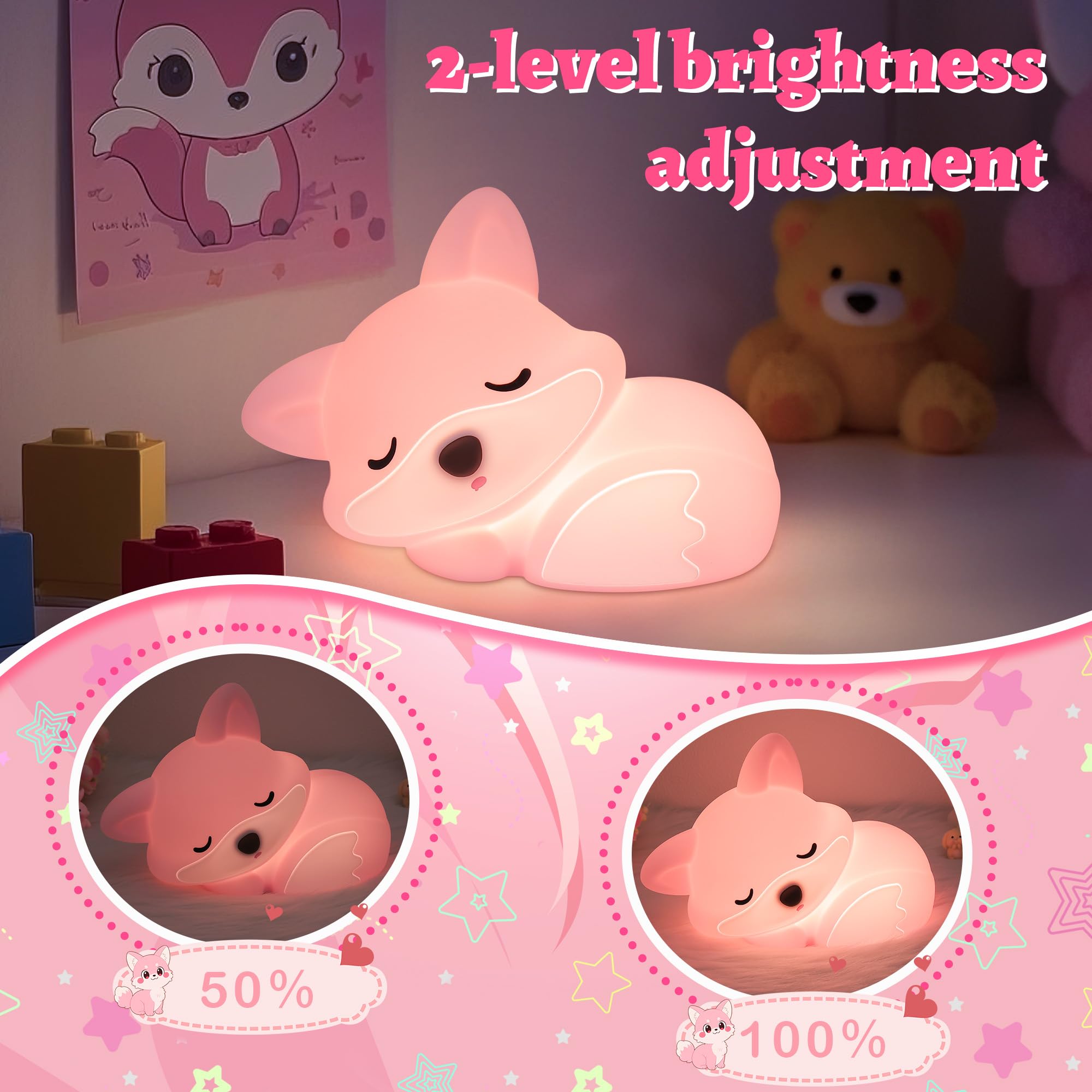 Lampe De Chevet Silicone Renard Rose – Intensité Variable, Timer 20 Min, Rechargeable, Veilleuse Enfant - 8