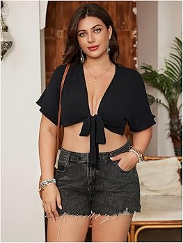 MakeMeChic Women's Plus Size Tie Front Tops Crop Puff Sleeve Deep