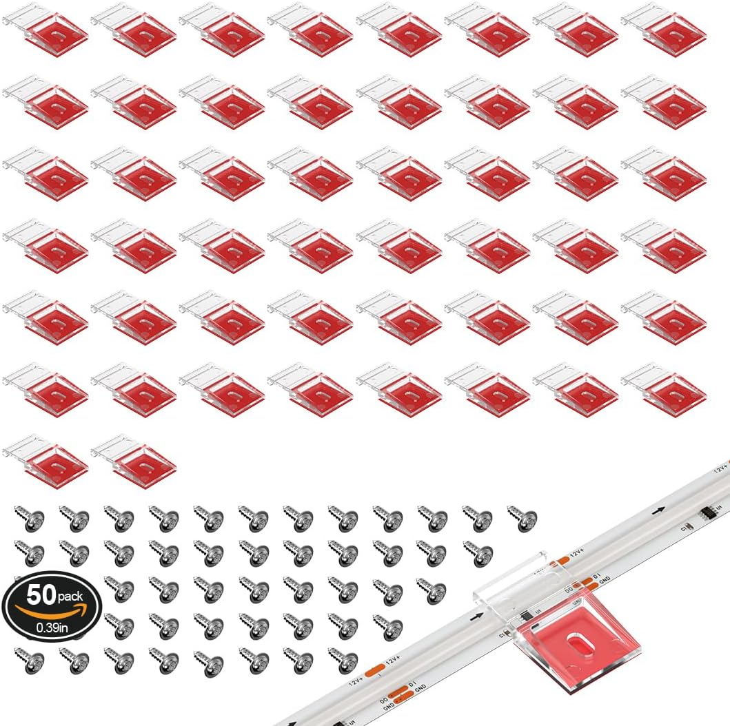 BTF-LIGTHING Transparent Strip Light Clips,Self Adhesive with Screws Mounting Holder, 50Pcs LED Strong Fixing Clips and Screws for 10mm Width IP30/65 SMD FCOB Strip Lights, Fairy String Lights