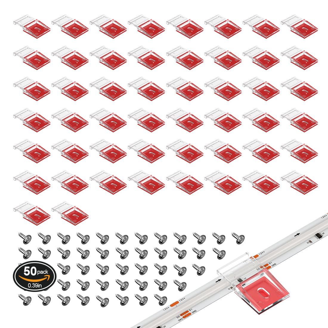 BTF-LIGTHING Transparent Strip Light Clips,Self Adhesive with Screws Mounting Holder, 50Pcs LED Strong Fixing Clips and Screws for 10mm Width IP30/65 SMD FCOB Strip Lights, Fairy String Lights