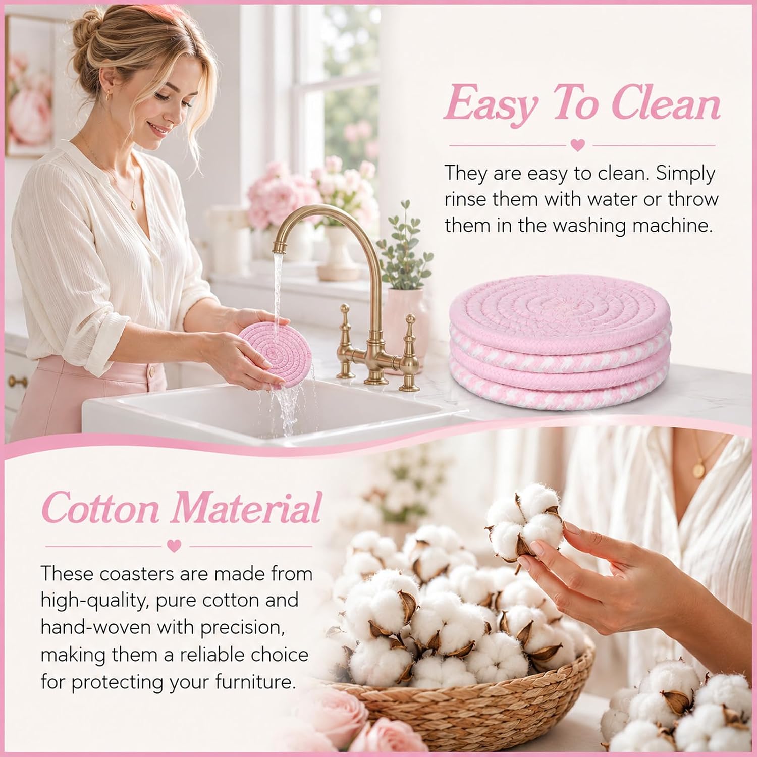 Oruola 4Pcs Pink Coasters for Desk,Cotton Pink Coaster