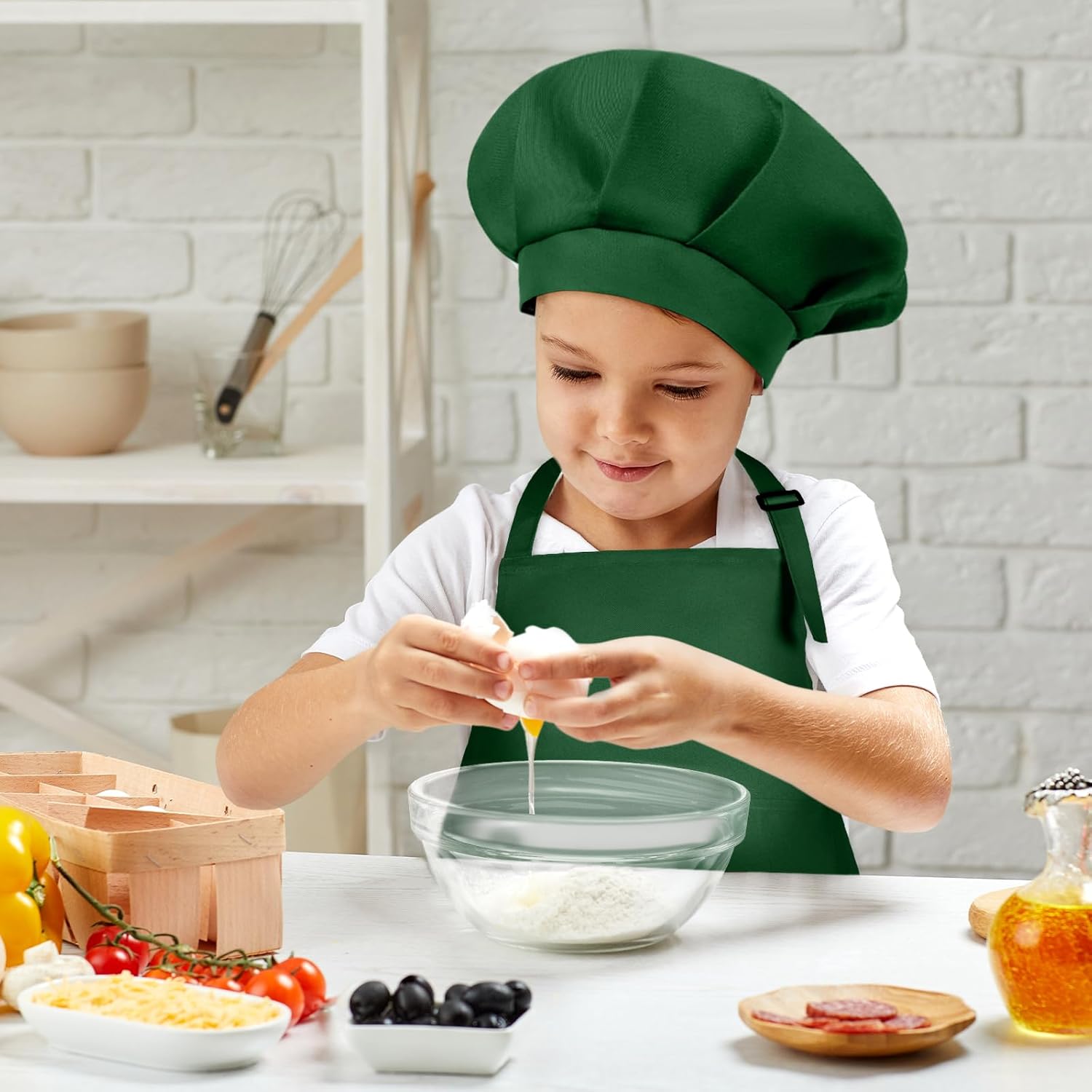 Kids Apron and Chef Hat Set Adjustable Child Art Aprons with 2 Pockets Toddler Chef Hat and Apron for Cooking Baking Painting (Dark Green) - Image 6