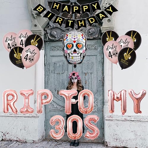 Miniatura 8 de RIP To My 30s - Suministros para fiesta de cumpleaños de 40 años, globos RIP THIRTIES con texto en inglés Happy Birthday para muerte a mis 30 años y
