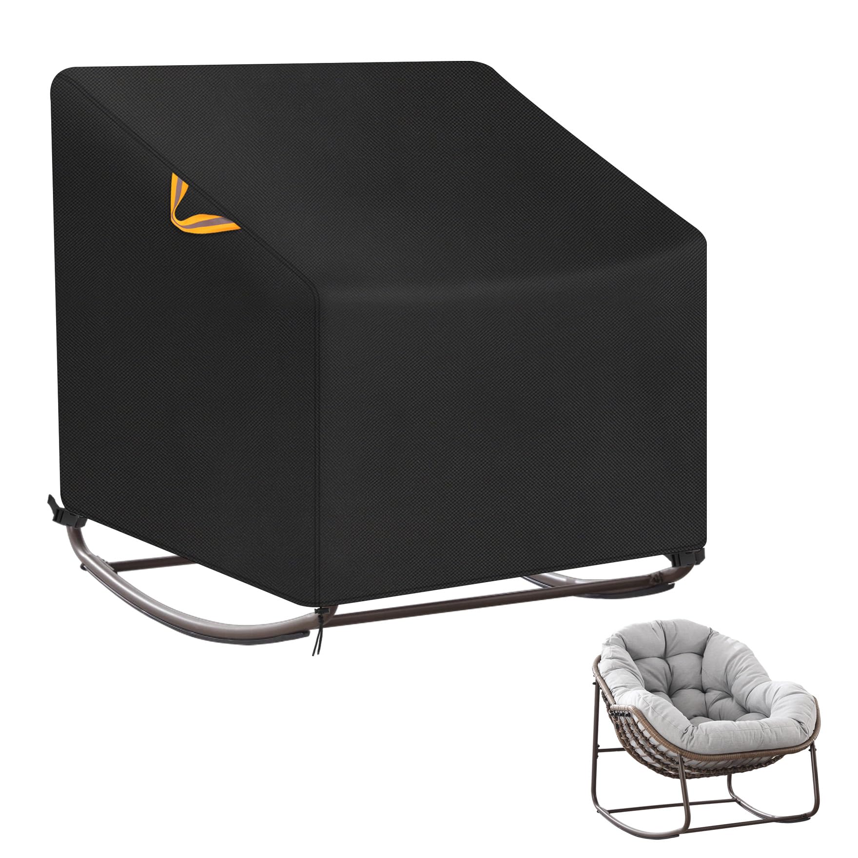 Klmnop Garden Rocking Chair Cover, Heavy Duty Waterproof Papasan Chair Cover with Reflective Handles for Oversize Rattan Wicker Chairs, 105 x 115 x 63 cm, Black