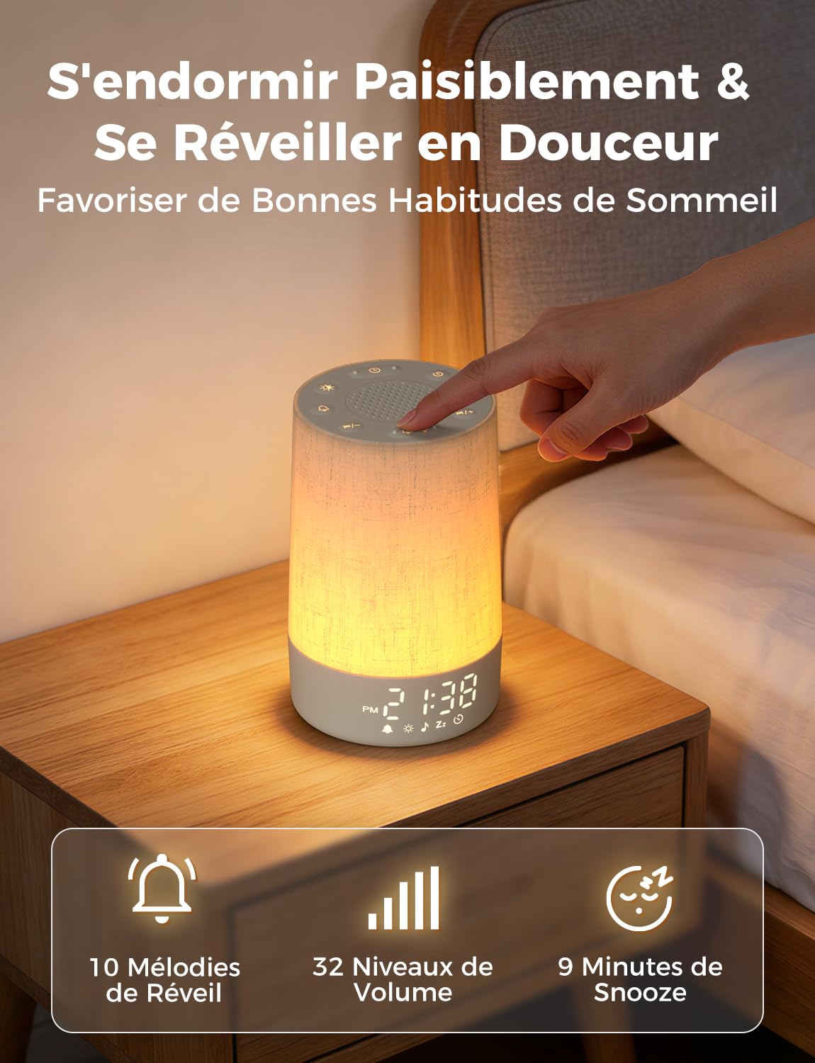 LIORQUE Reveil Simulateur d'Aube, Réveil Lumineux avec 30 Sons Apaisants, Bruit Blanc, 10 Niveaux de Luminosité, 8 Veilleuses et Minuteur de Sommeil - Design en Tissu, Idéal Adultes et Enfants