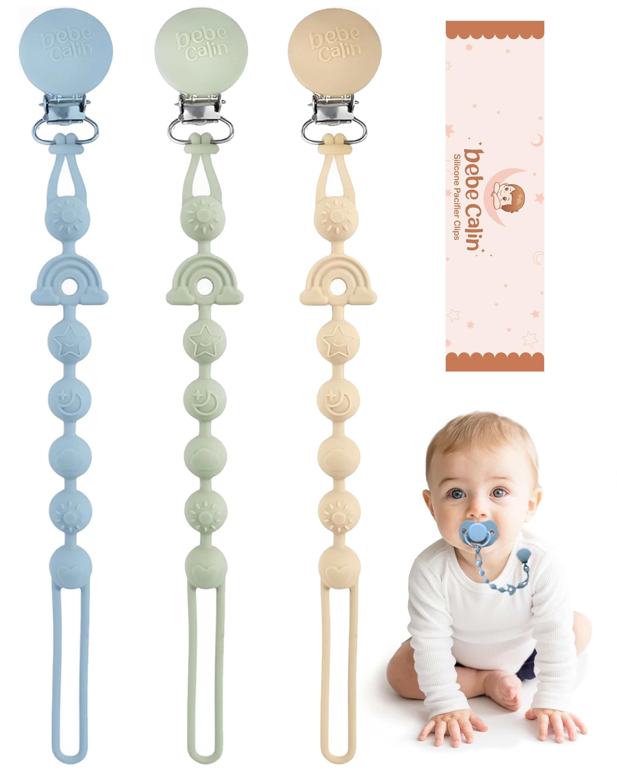 BebeCalin Dummy Clip, 3 PCS Premium Silicone Pacifier Clips, BPA Free Soother Clips for Boys and Girls, Newborn Baby Dummy Clip