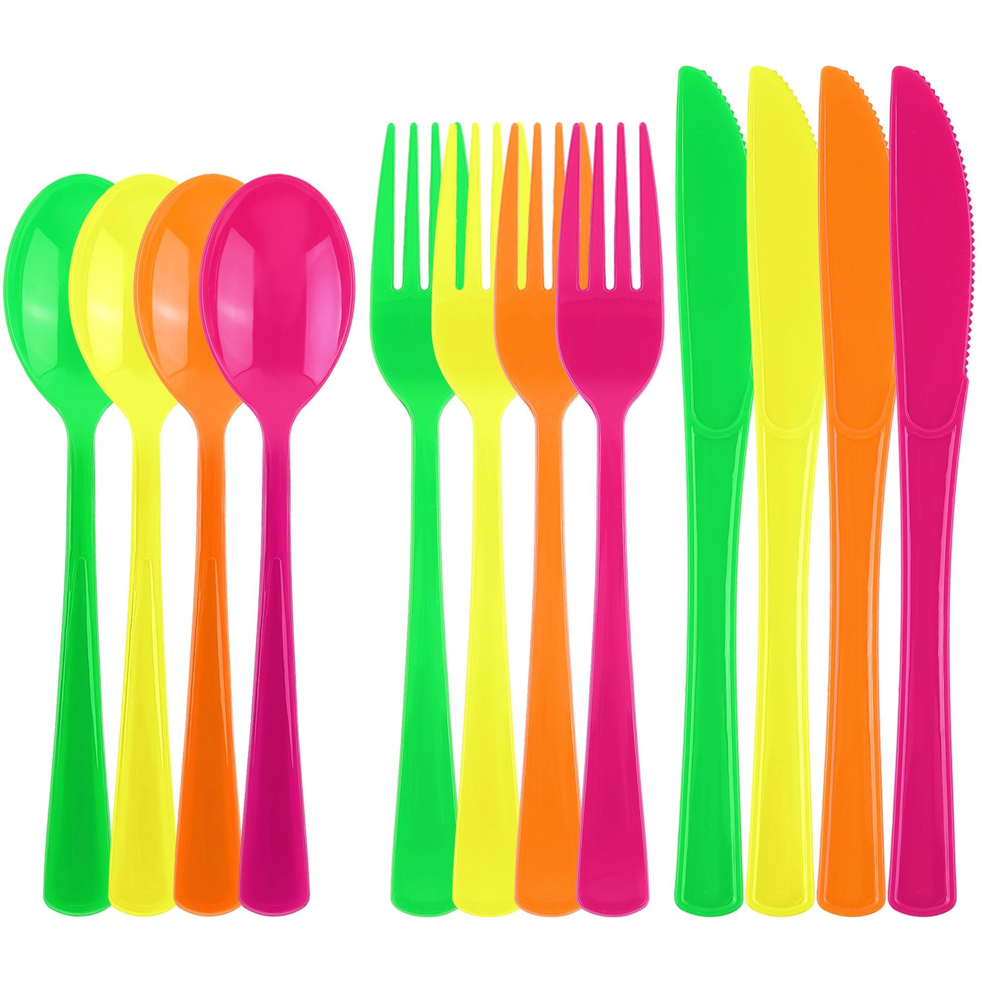 300 Pieces Graduation Neon Plastic Silverware Heavy Duty Plastic Cutlery Set Heavyweight Disposable Flatware Includes Neon Party Spoons Forks Knifes for Graduation Neon Party Favors, 4 Colors