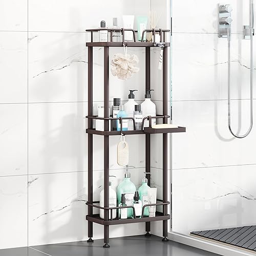 Miniatura 8 de HapiRm Organizador de ducha de esquina de pie, organizador de ducha de esquina de 3 niveles con soporte para jabón, estante de baño de acero