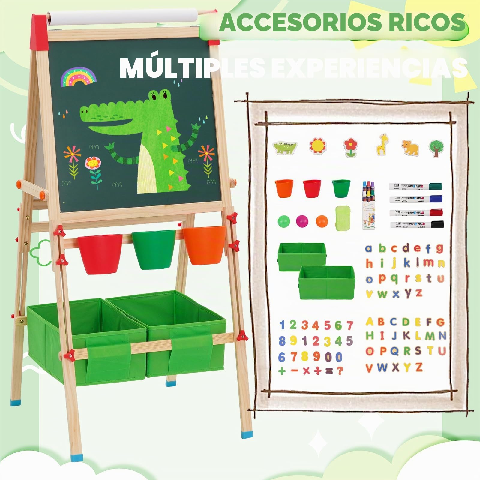 Caballete para Niños 3en1,Caballete Pintura Niños de Altura Ajustable. Pizarra para Niños con Rollo de Papel,Pinceles, Números y Letras,Bolsa de Almacenamiento.Regalos para kids Mayores de 3 Años