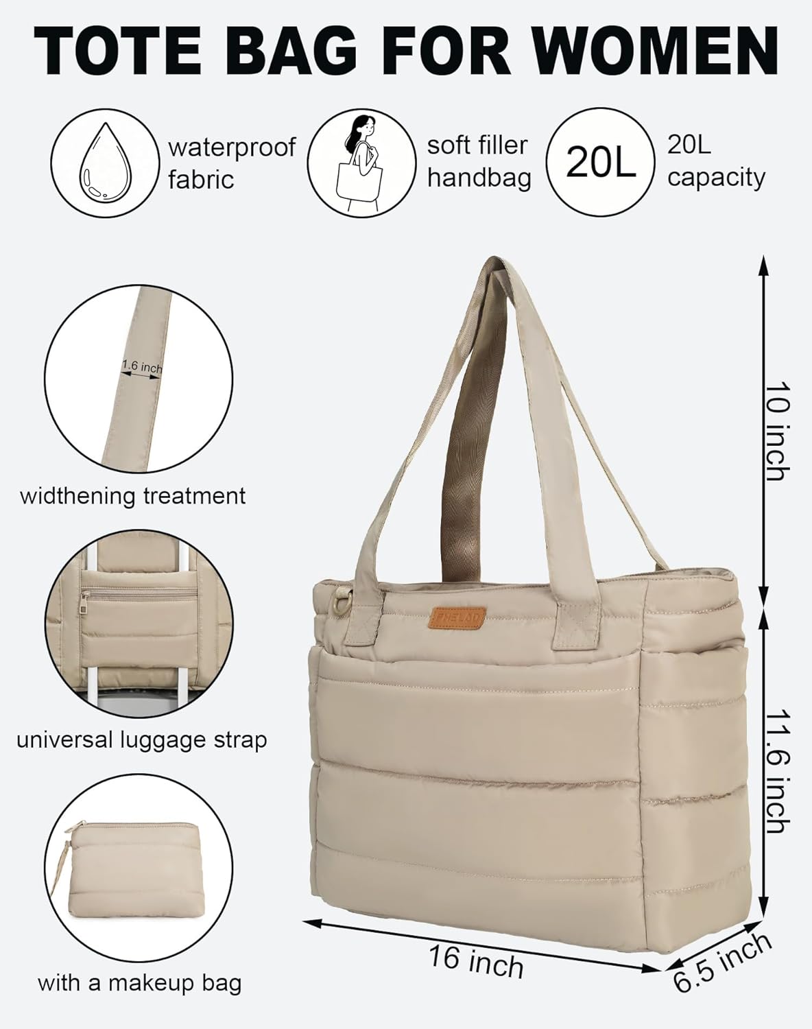 Quilted Puffer Tote Bag for Women, 21L Work Hobo Tote, Lightweight Travel Shoulder Bag for Nurses/Commuters | 16" Laptop Sleeve, Foldable Design, Cup Holder Pocket, Daily Carry On Bags - Image 3