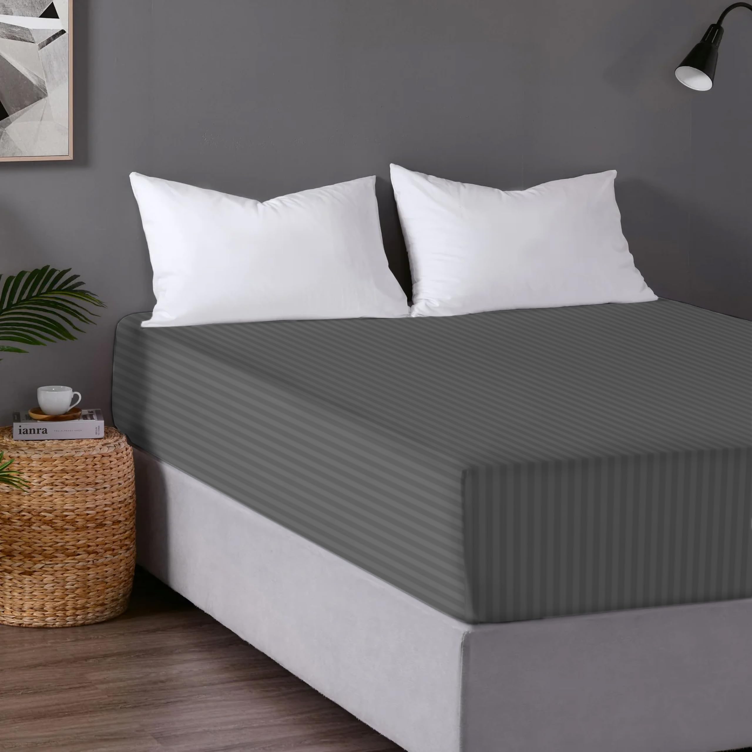 Luxury Hotel Quality Embossed Stripe Fitted Sheet, Easy Care Hypoallergenic Durable 30 cm Extra Deep Satin Stripe Fitted Bed Sheets, Dark Grey - Super King (183x200 +30) cm
