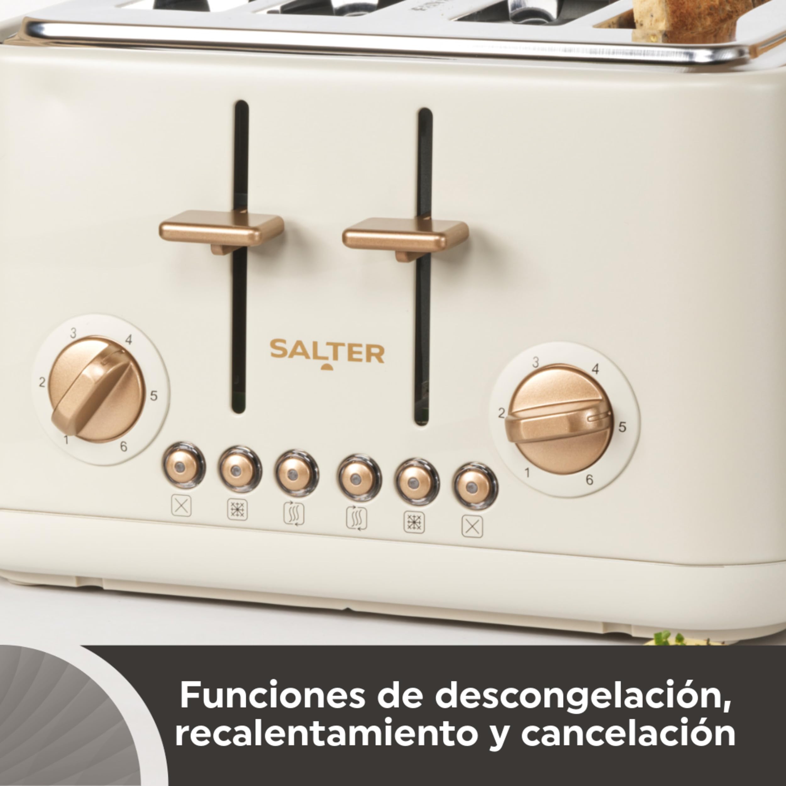 Salter Pebble Tostadora de 4 rebanadas, ranuras anchas, piedra | 6 niveles tostado, descongelar/recalentar/cancelar, elevación alta, ranuras autocentrantes, bandeja recogemigas