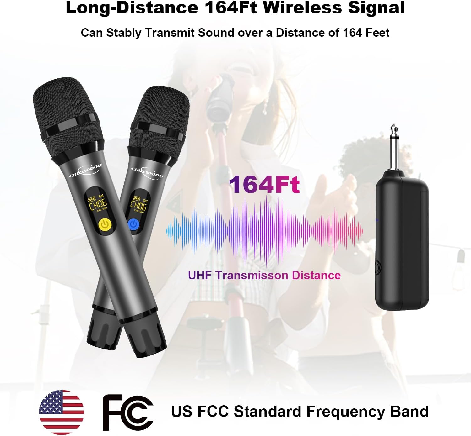 Wireless Microphone, Professional UHF Metal Dual Handheld Cordless Dynamic Microphone with Rechargeable Receiver, 164 Ft, Plug and Play, 1/4'' Output, Karaoke Singing, Speech, Wedding, Party, Gray - Image 3