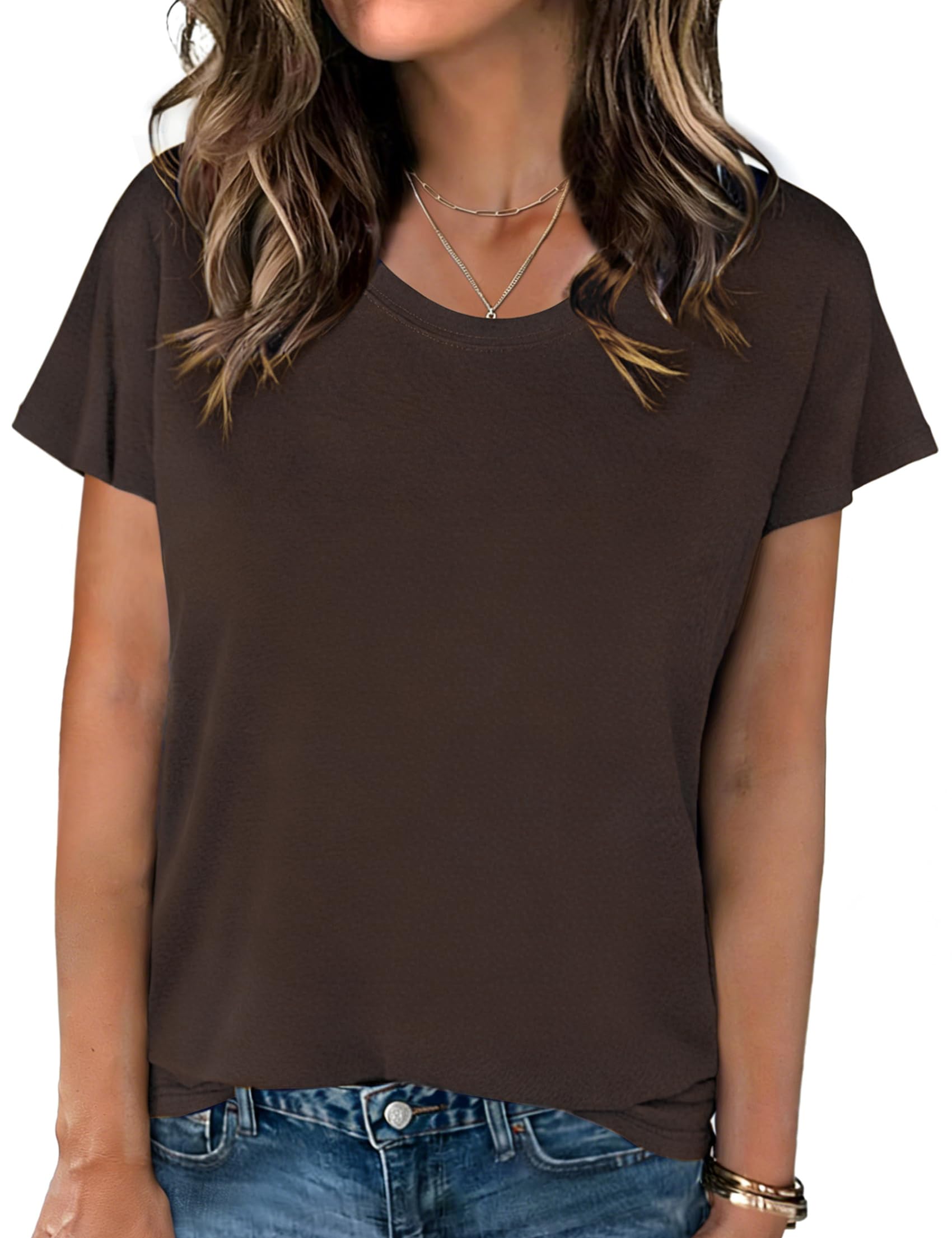 Crewhpo T Shirt Damen Kurzarm Einfarbige Shirts Sommer Basic Shirt Kurzärmeliges Casual Top Stretch Baumwolle Oberteile Lockeres Elegant
