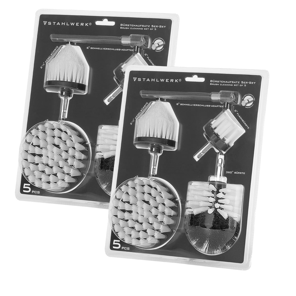STAHLWERK Bürsten-Aufsatz 10er Set für Akkuschrauber und Bohrmaschinen – Reinigungs-, Polier- und Detailing-Bürsten mit Standard-Bit-Aufnahme inklusive Verlängerungs-Adapter