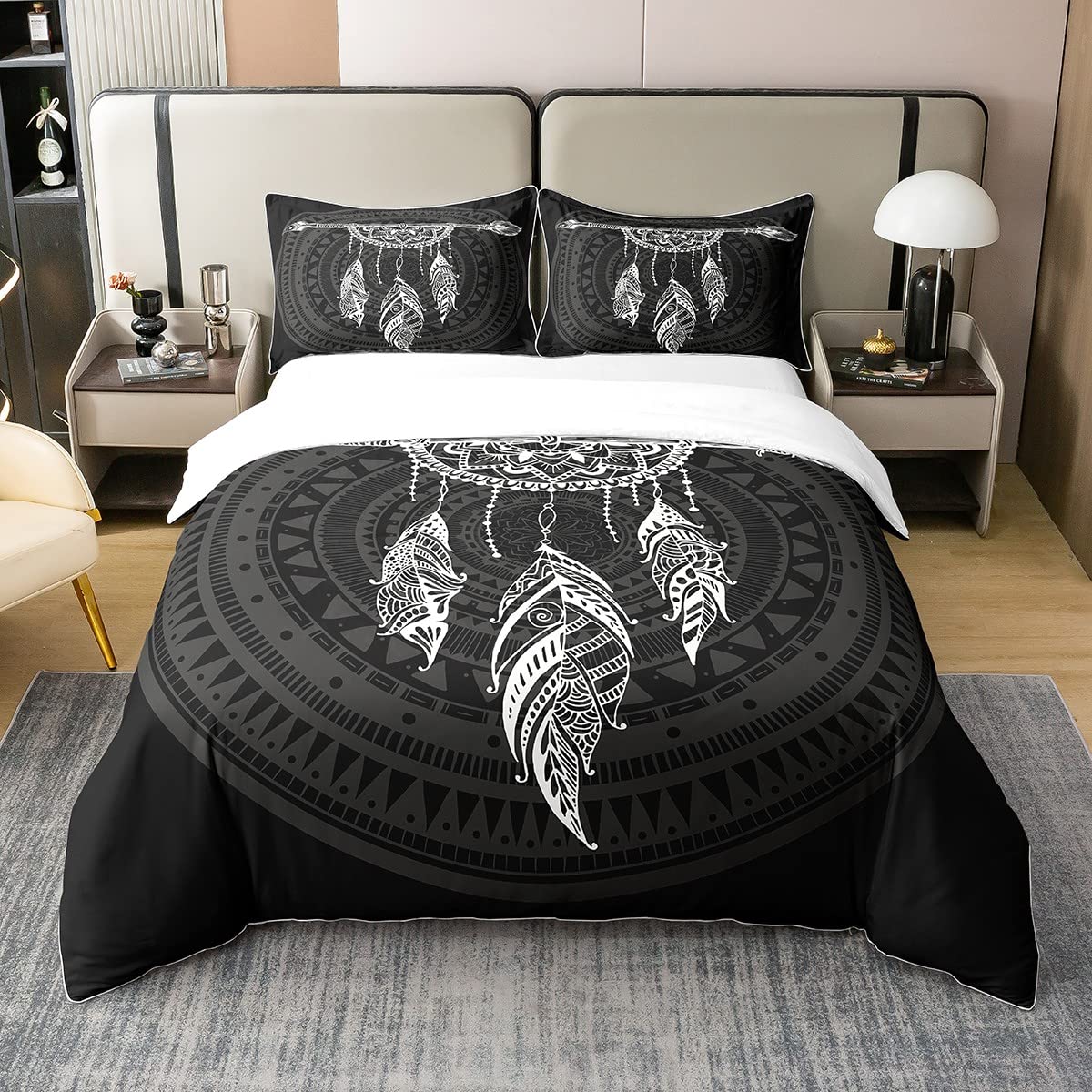 100% Baumwolle Traum Catcher Bettbezug 135x200,Boho Dreamcatcher Feder Bettwäsche Set für Mädchen,Schwarzer Weißer Mandala Bettbezug,Indischer Pfeil Geometrische Azteken Bett Sets mit1 Kissenbezug
