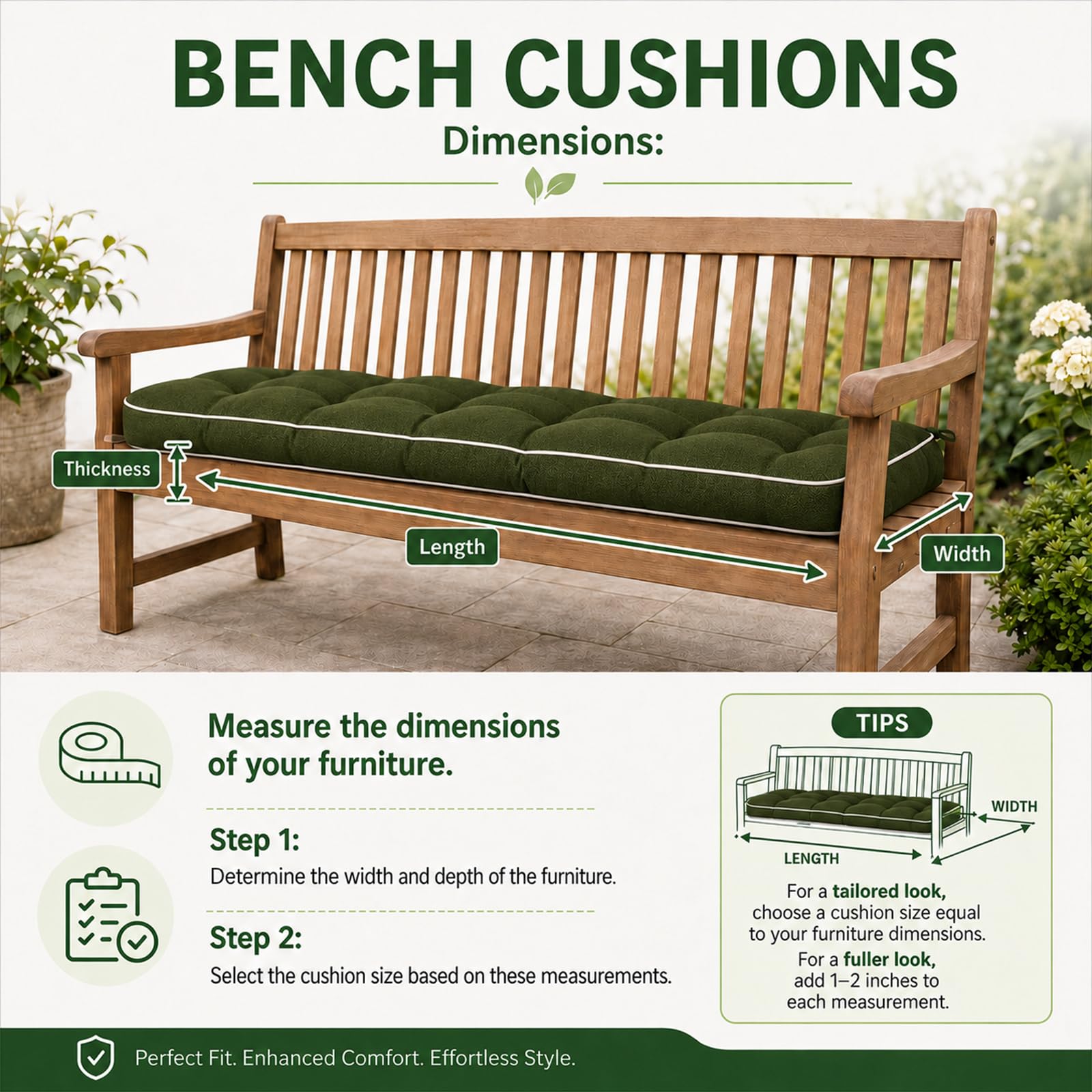 Cuscino Panca 8cm, Cuscino per panchina da Esterno Impermeabile. Imbottitura in Cotone PP, 2 Cinghie, Ideale per Giardino. Sottovuoto di qualità Premium.,Verde,100x30x8cm