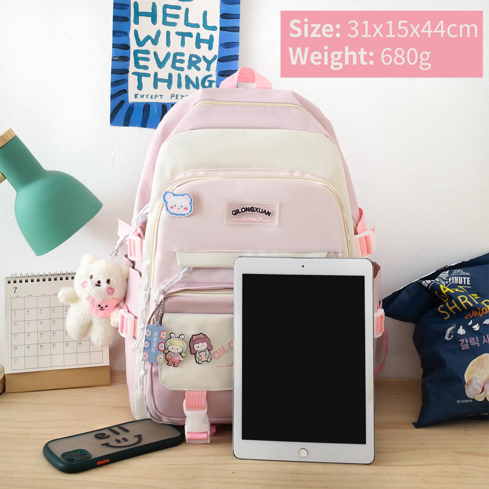 IvyH Cartable Fille Primaire 5 pièces, Sacs à Dos pour Filles 8-16ans, Sets de Sacs Scolaires avec Sac à Provisions Trousse à Crayons, Sac à Dos Voyage Kawaii 45cm, Rose
