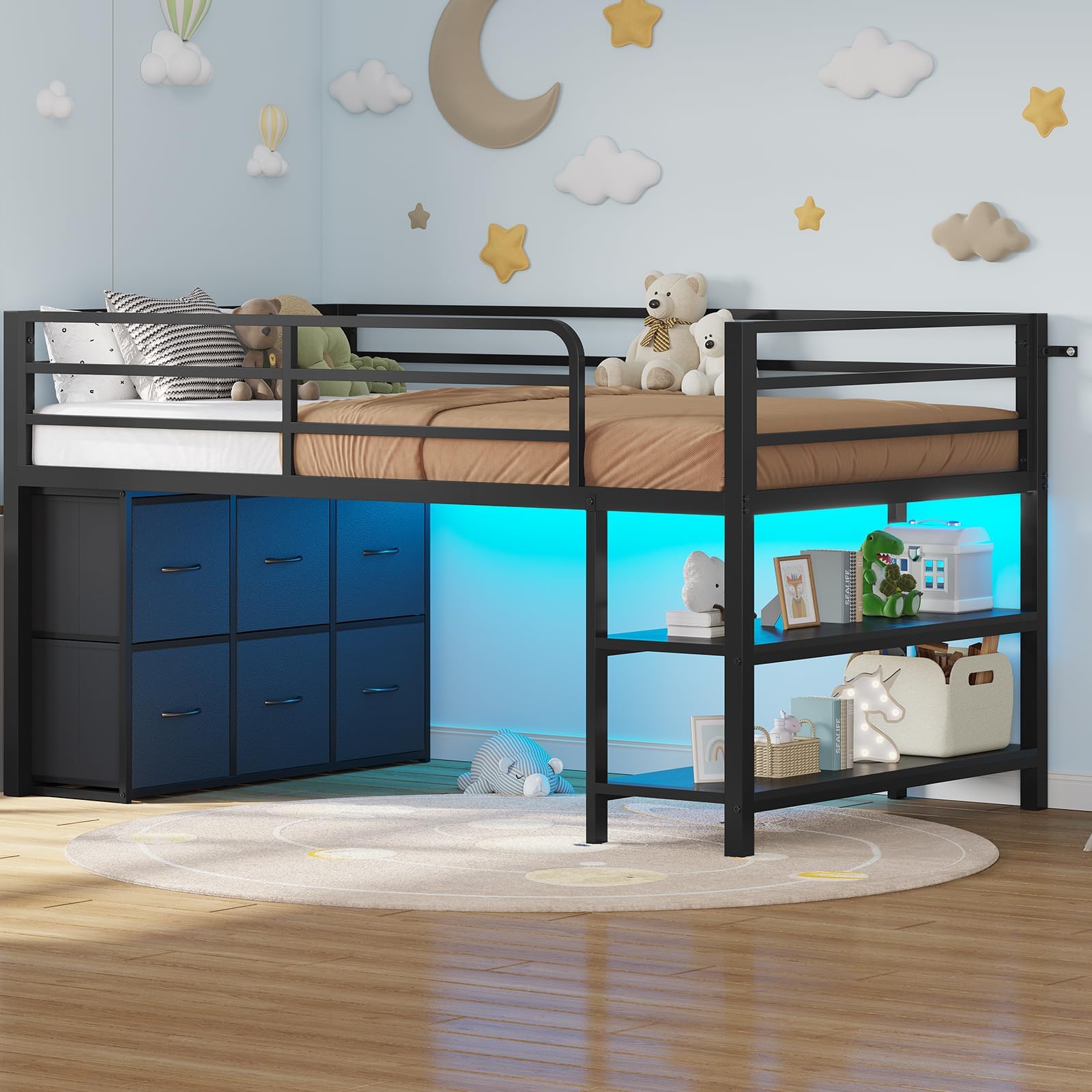 BTHFST Low Loft Bed Twin Size with 6 Storage Drawers, LED Lights, 2 Tier Storage Shelves, Kids Metal Loft Bed with 15" H Stairs & Safety Guardrail, Spave Saving, Black & Natural