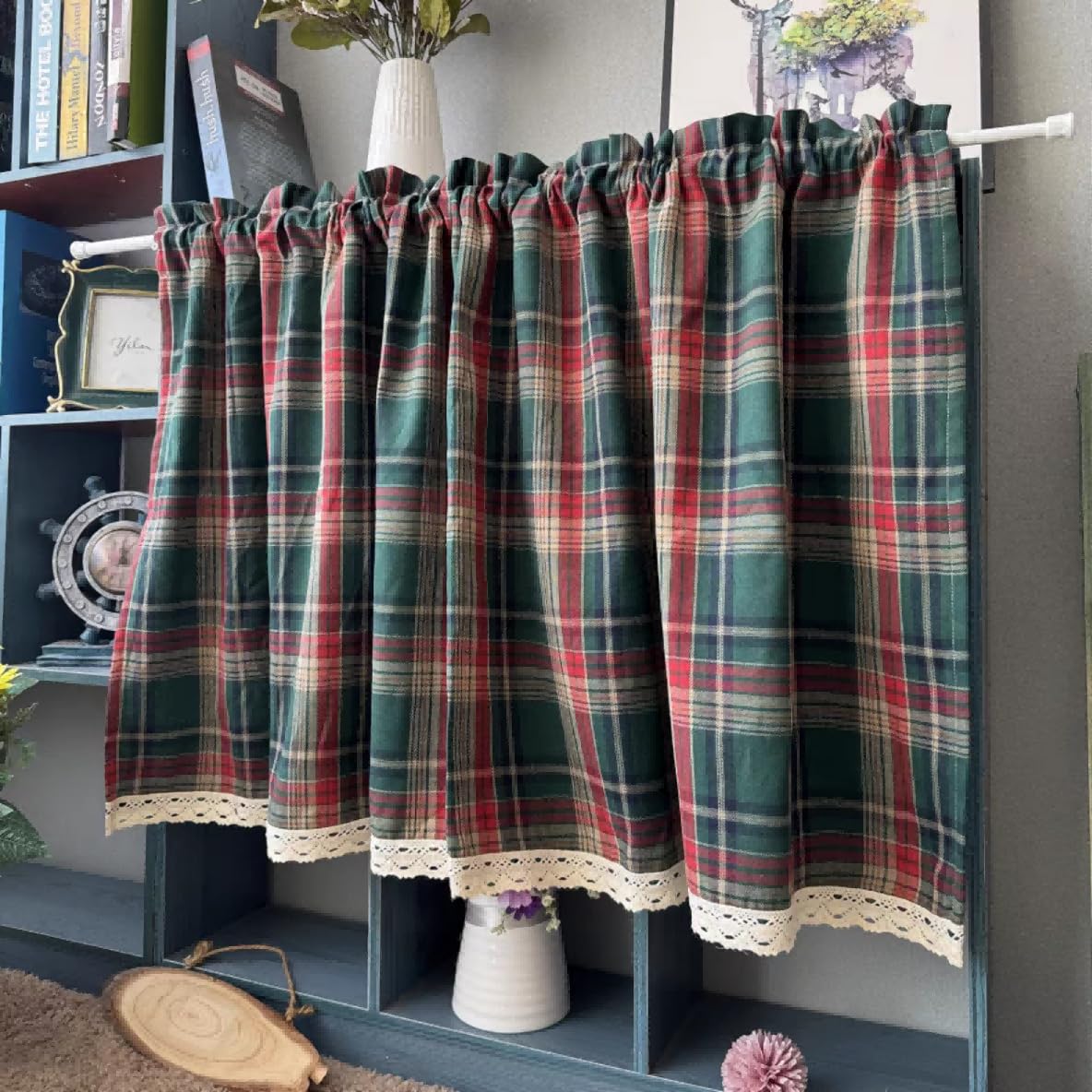 Karomuste - Tendina da cucina con bordo in pizzo, stile rustico, con passante per bastone, 1 pezzo, verde, altezza x larghezza 70 x 140 cm
