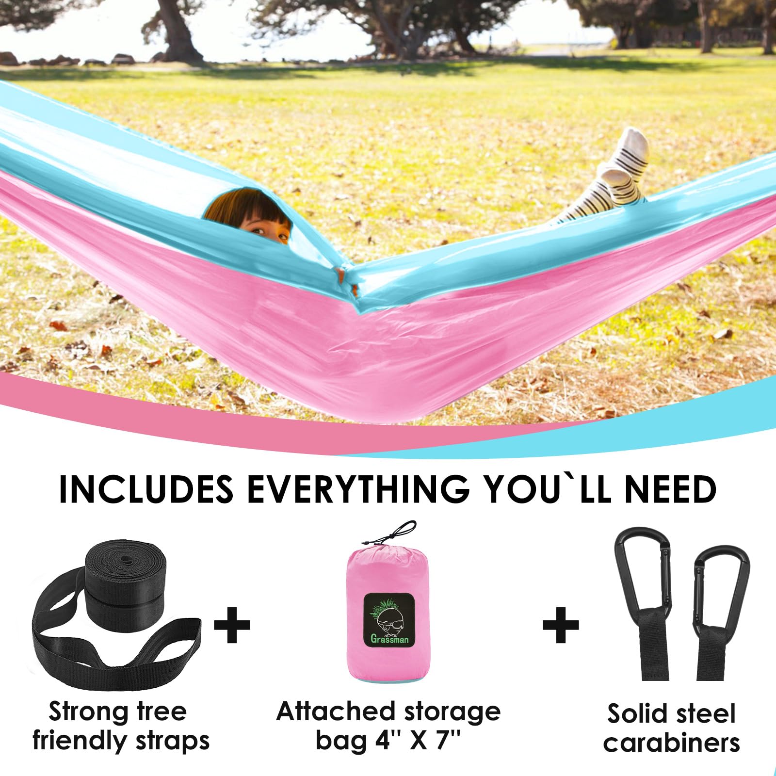 GRASSMAN Hamaca para niños, hamacas de camping pequeñas, equipo de camping portátil para uso en interiores y exteriores, con correas de árbol y mosquetones, rosa y azul