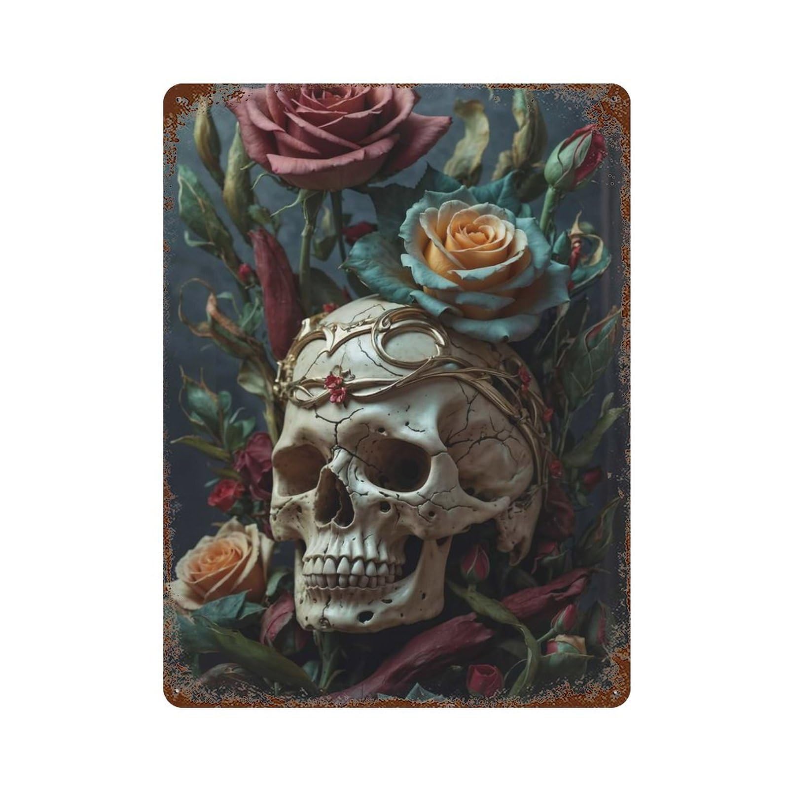 Aged Metal Wall Plaque with Skull with Crown And Roses Design 15.7"x11.8", for Basement, Hobby Room And Garage Decor, Farmhouse Wall Decor