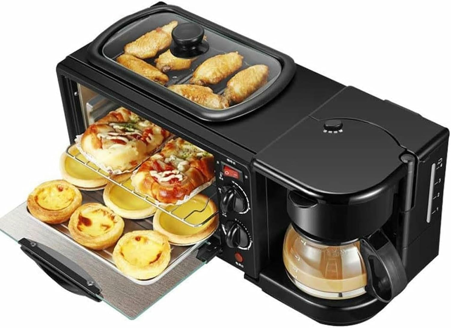 3-in-1 Breakfast Station, Versatile Breakfast Maker Includes Coffee Maker, Frying Pan, and 4-Slice Toaster Oven, for Apartments Kitchenettes