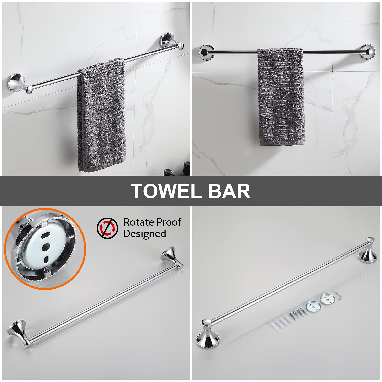LIANTRAL Badezimmer-Set 4-teilig – Handtuchstange 45,7 Cm, Toilettenpapierhalter, Handtuchring & Haken, Poliertes Chrom