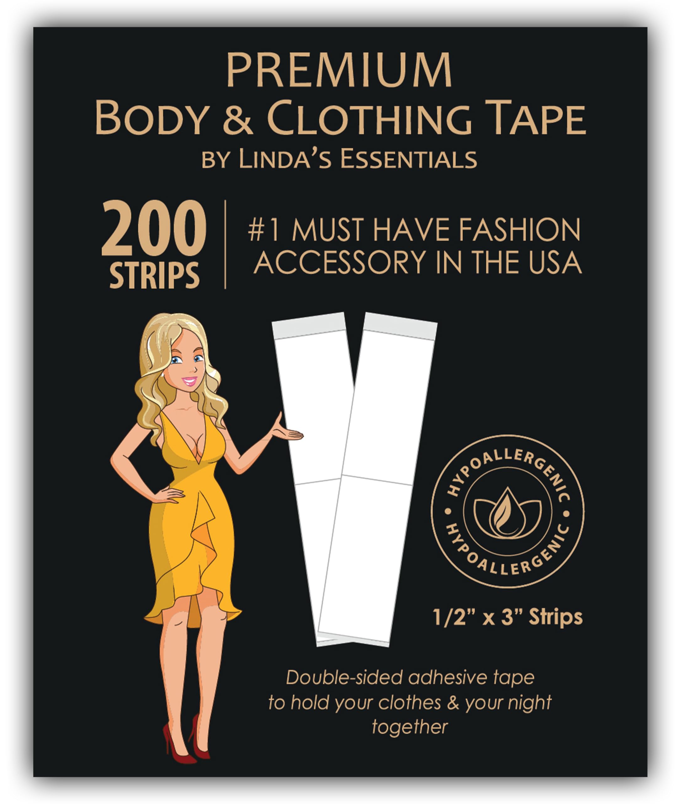 Linda's Essentials Double Sided Body and Fashion Tape (200 Pack) - Extra Adhesive Double Sided Boob Tape for Clothes & Skin, All Fabric Types, Perfect for Dresses, Body & Bra Support