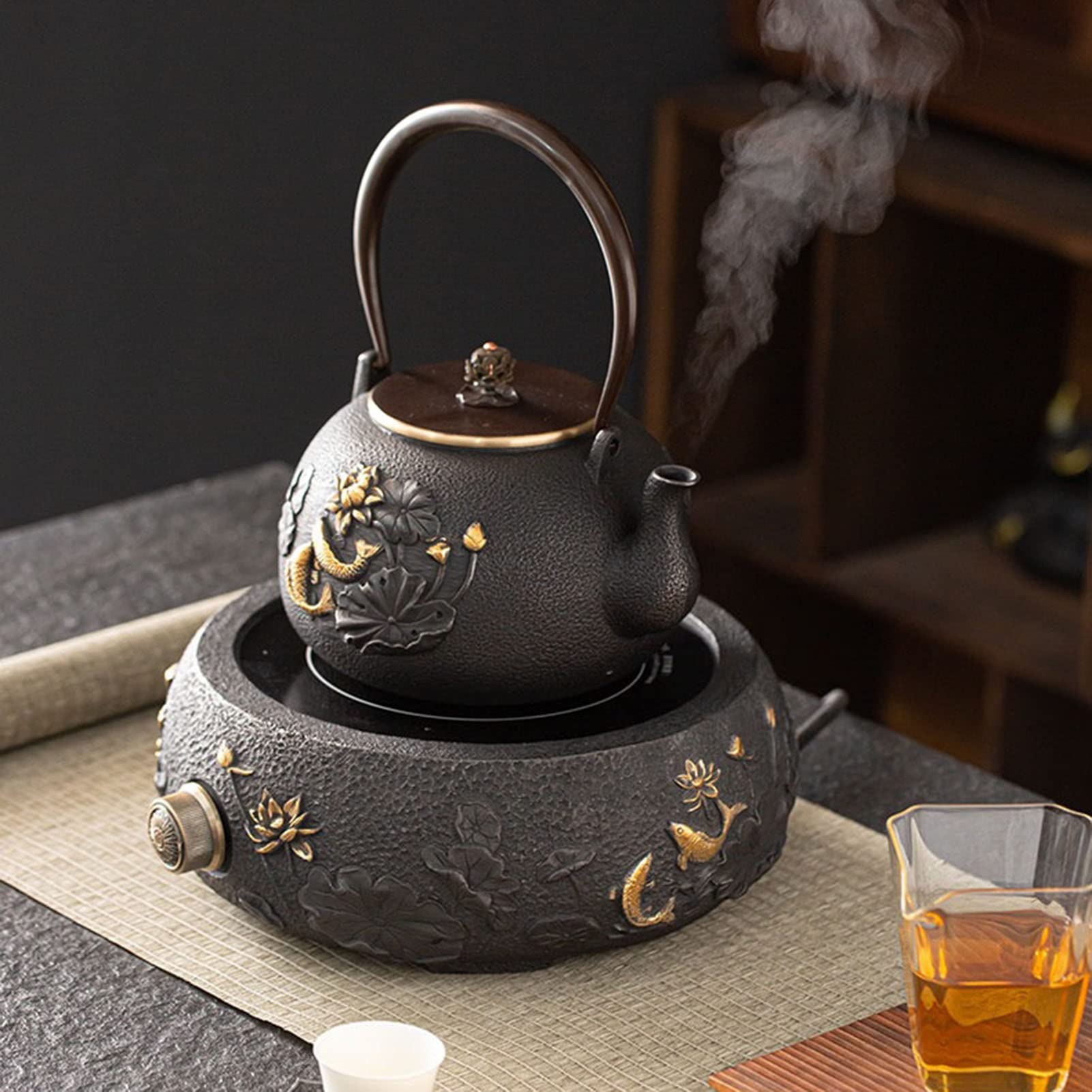 Teiera in ghisa Giapponese Teiera Giapponese Teiera in ghisa Bollitore per Il tè in ghisa Fornello Ornamenti con Motivo Imperiale Dorato per la casa tè (5)